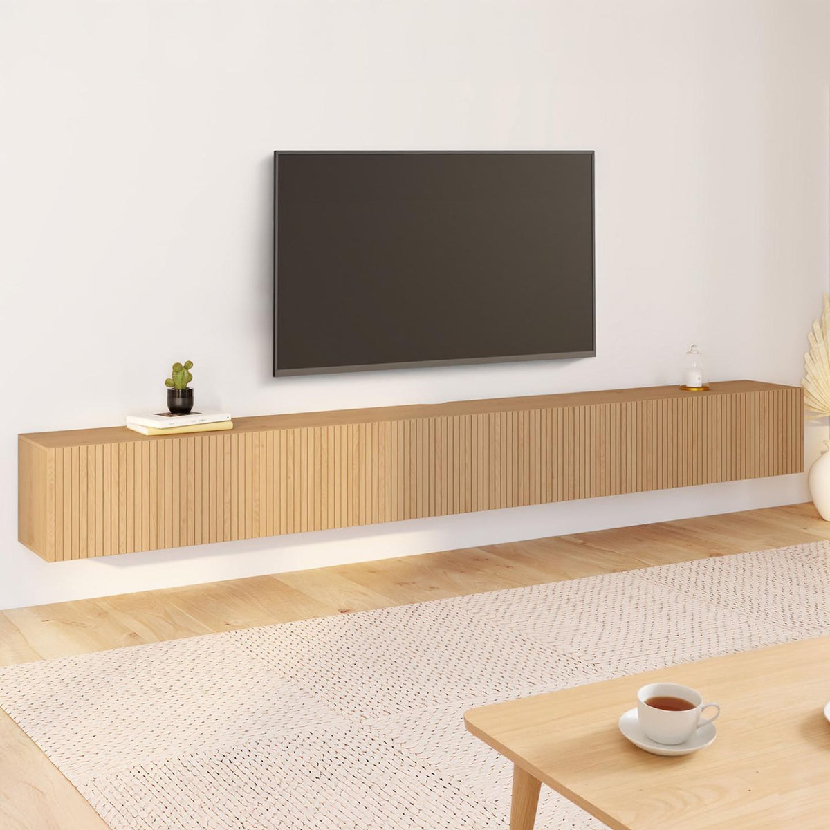 ID MARKET Meuble TV 270 cm suspendu JULIETTE 3 portes lattes tasseau bois coloris chêne