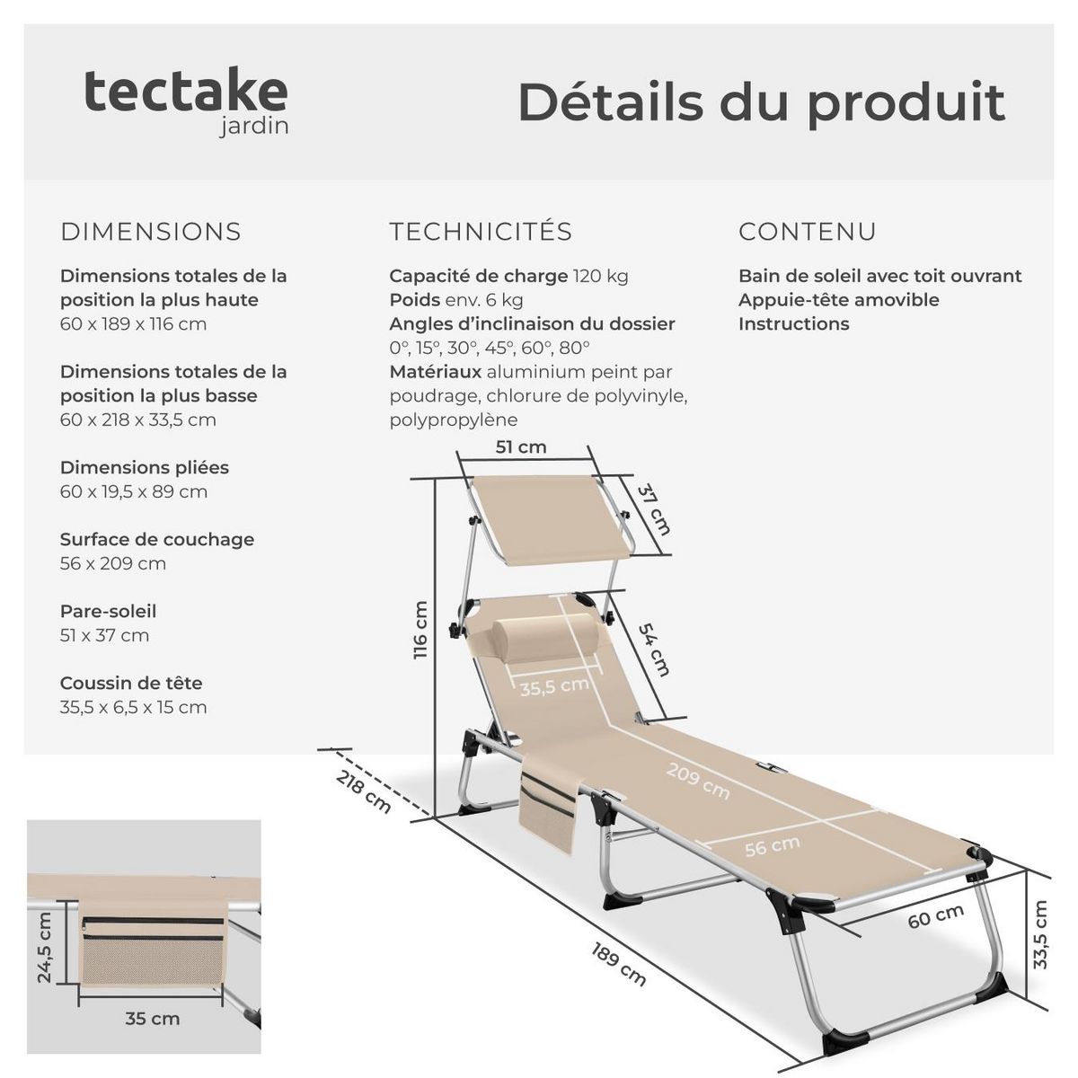 tectake Bain de soleil pliable avec oreiller beige