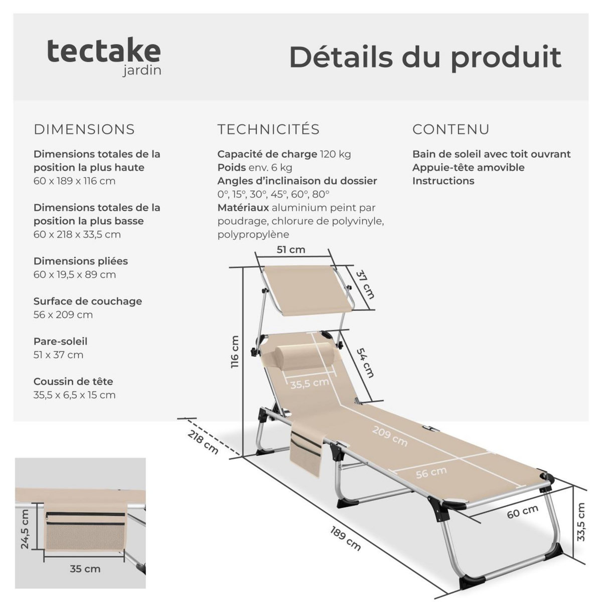tectake Bain de soleil pliable avec oreiller beige