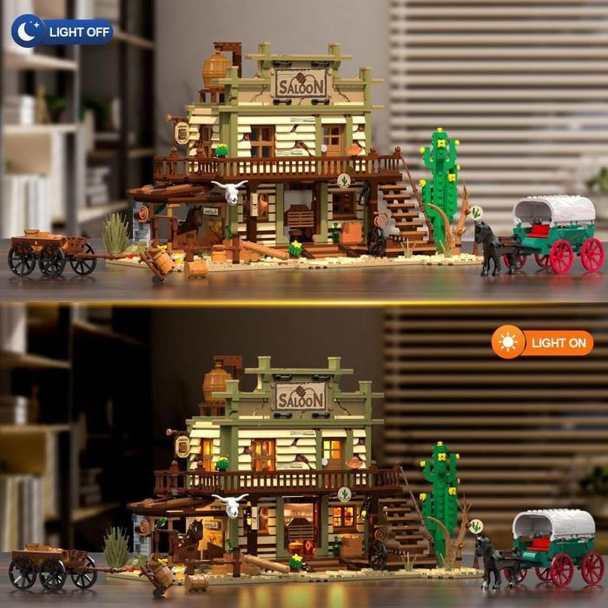 Voir la diapositive 2 : Jeu de construction Saloon Western avec LEDs intégrées, 1727 pièces, plastique ABS, modèle multi-niveaux pour 12 ans et plus