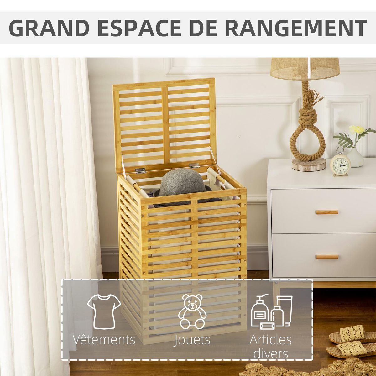 HOMCOM Panier à linge corbeille à linge bac à linge bambou couvercle sac amovible polyester beige