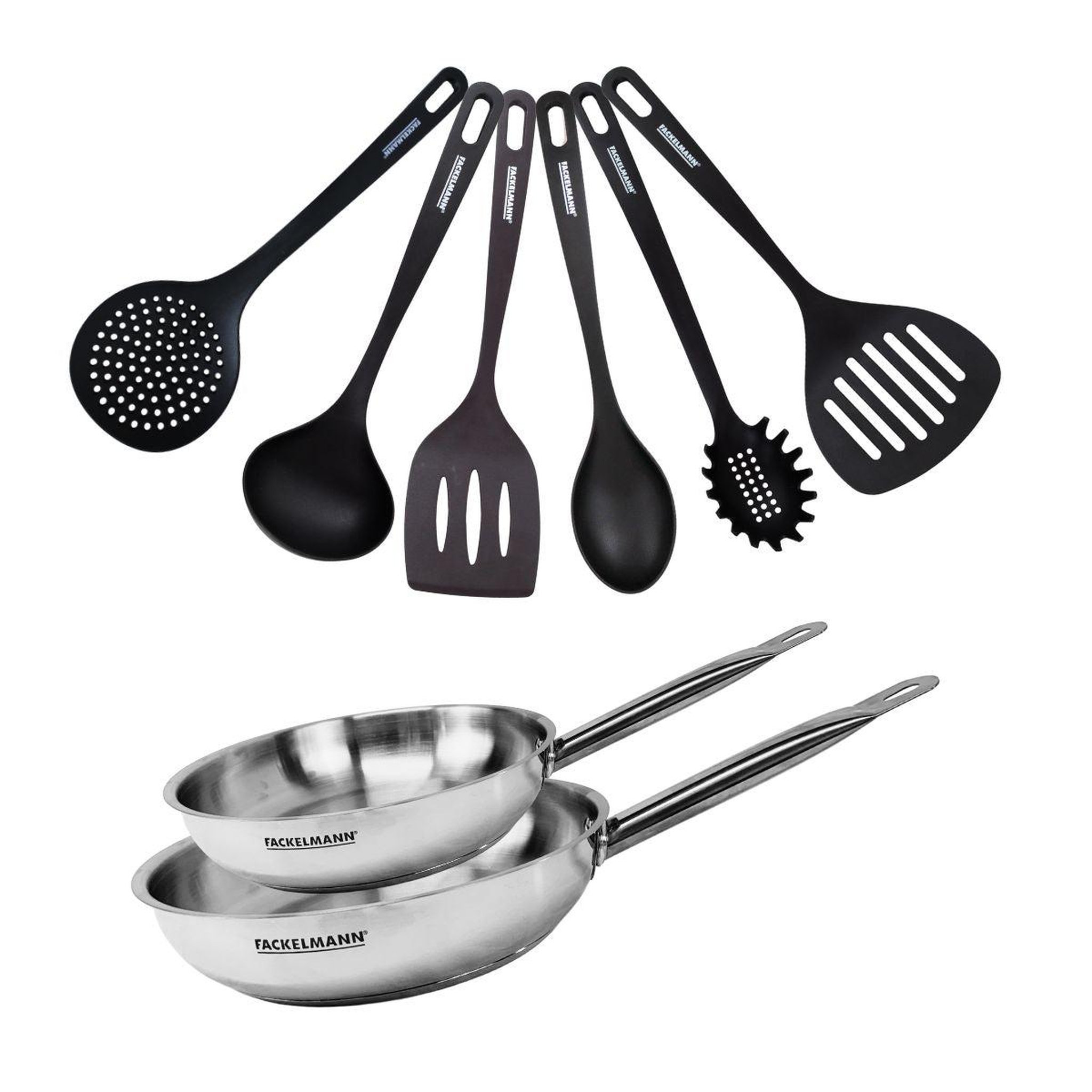 Fackelmann Set de 2 poêles 24 et 28 cm en inox et 6 ustensiles fackelmann eterna