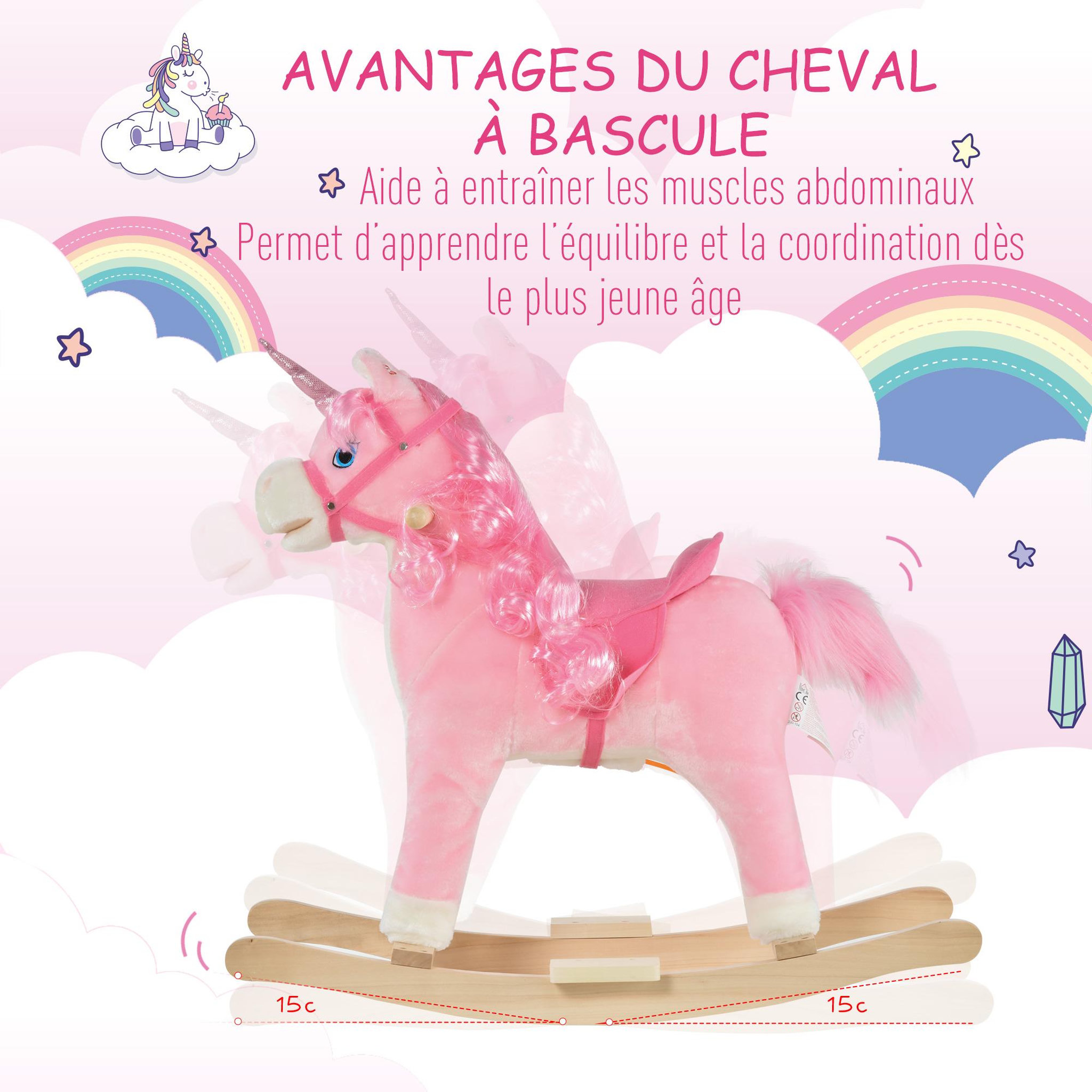 Voir la diapositive 6 : HOMCOM Cheval à bascule modèle licorne avec sons authentiques selle grand confort bois de peuplier rose dim. L74 x l33 x 62H cm