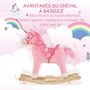 Voir la diapositive 6 : HOMCOM Cheval à bascule modèle licorne avec sons authentiques selle grand confort bois de peuplier rose dim. L74 x l33 x 62H cm
