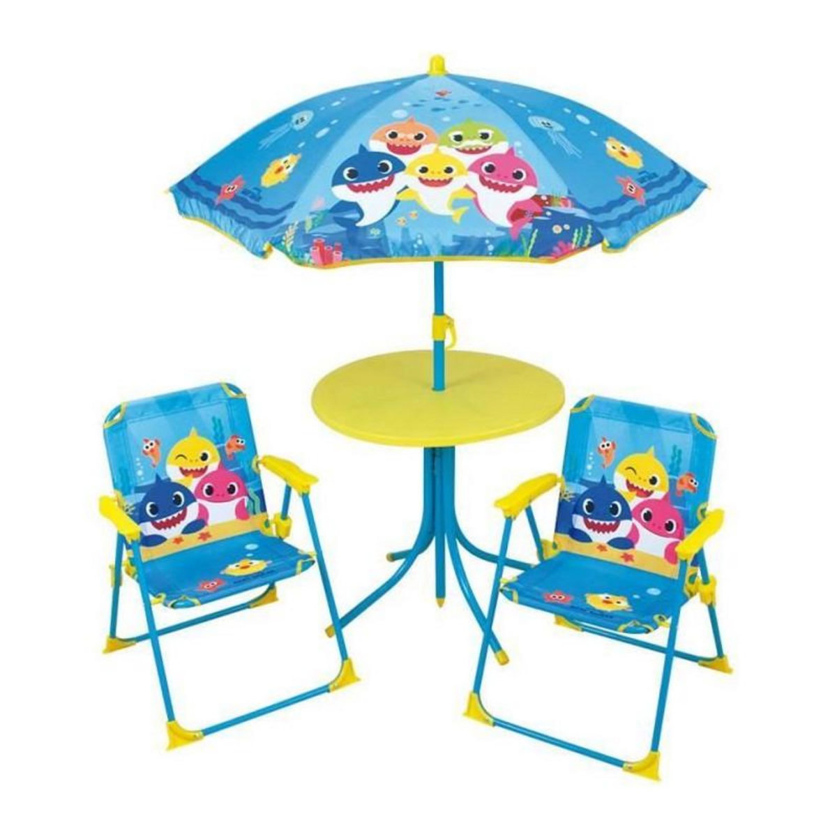 Fun House FUN HOUSE Baby Shark Salon de jardin - 1 table H.46xø46 cm, 2 chaises H.53xl.38,5xP.37,5 cm et 1 parasol H.125 x ø100 cm