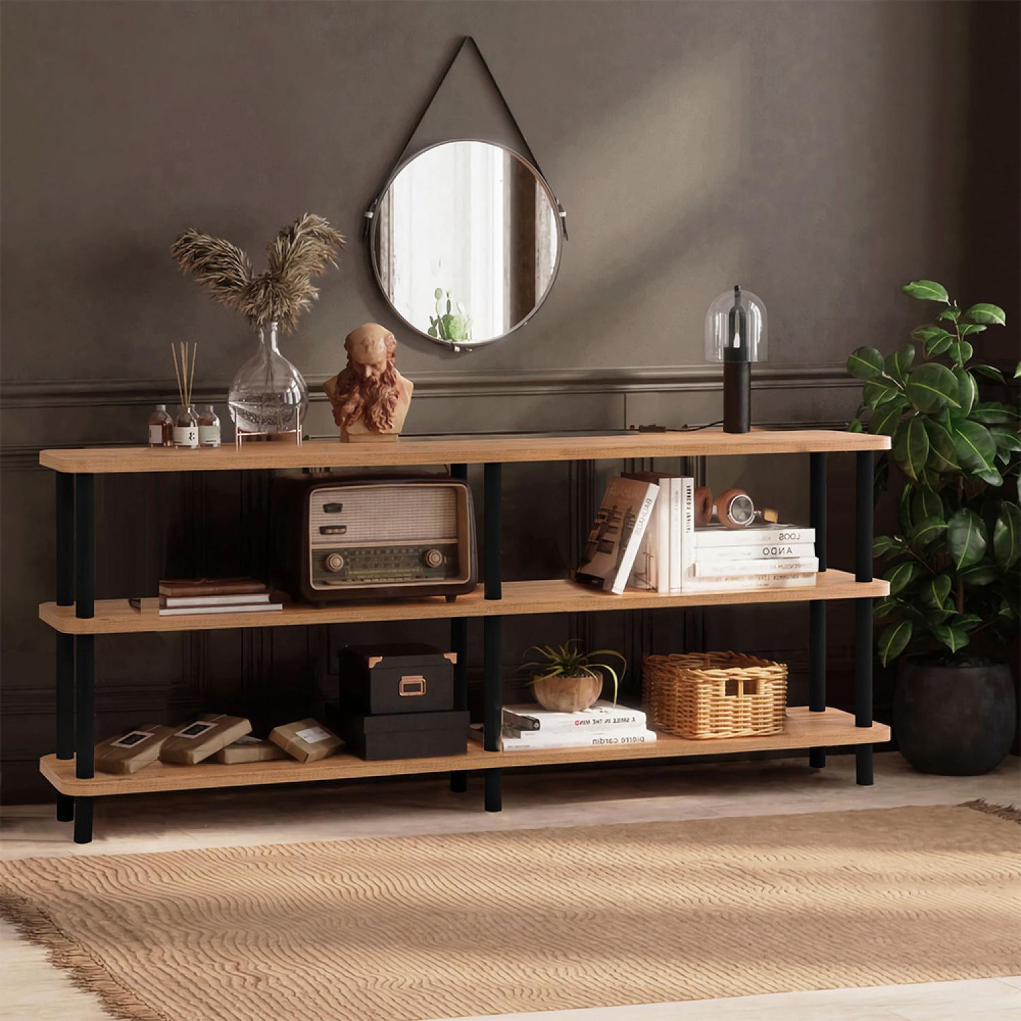 Voir la diapositive 2 : CONCEPT USINE Étagère design basse noir et bois 180 cm sofie