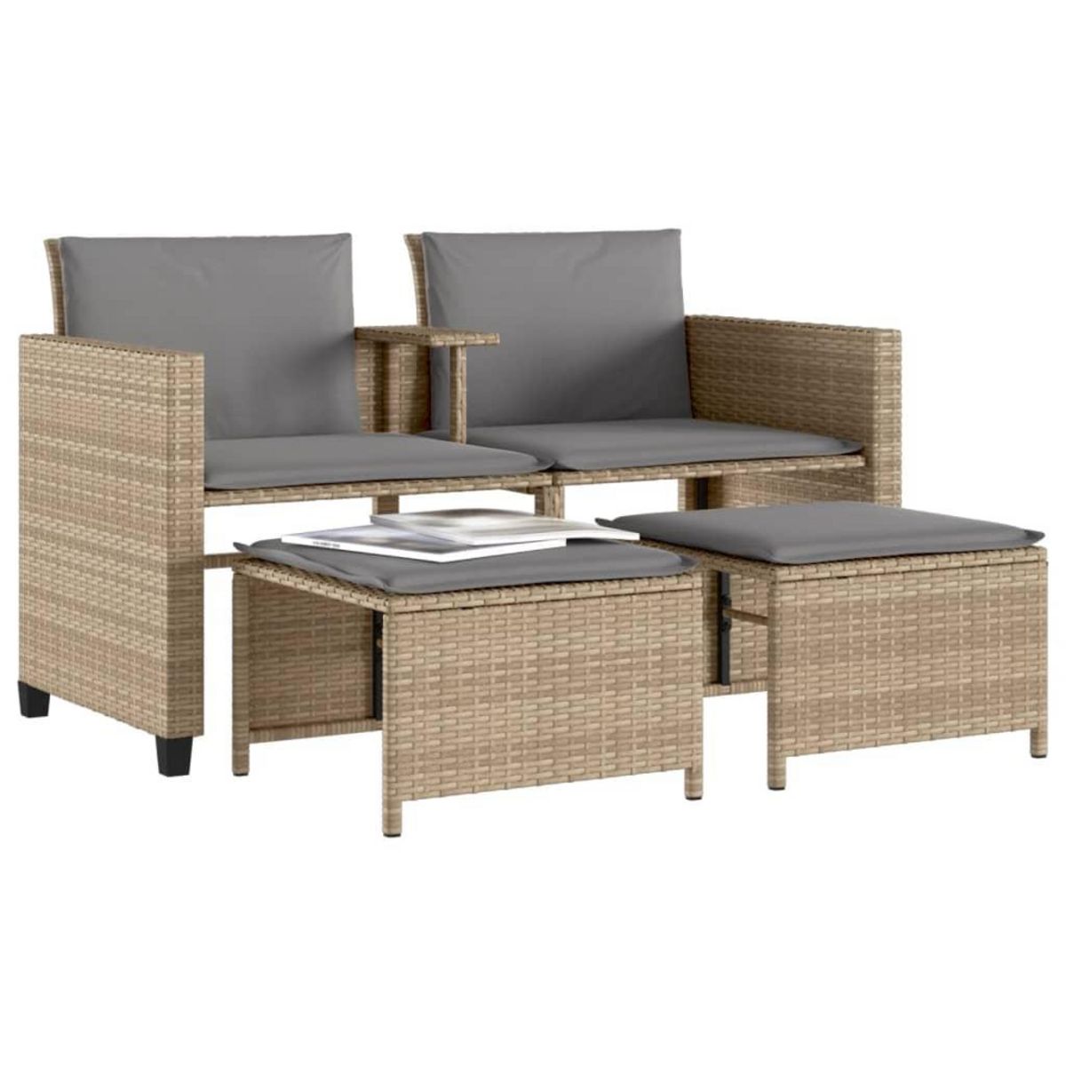 VIDAXL Canape de jardin 2 places avec table et tabourets beige rotin