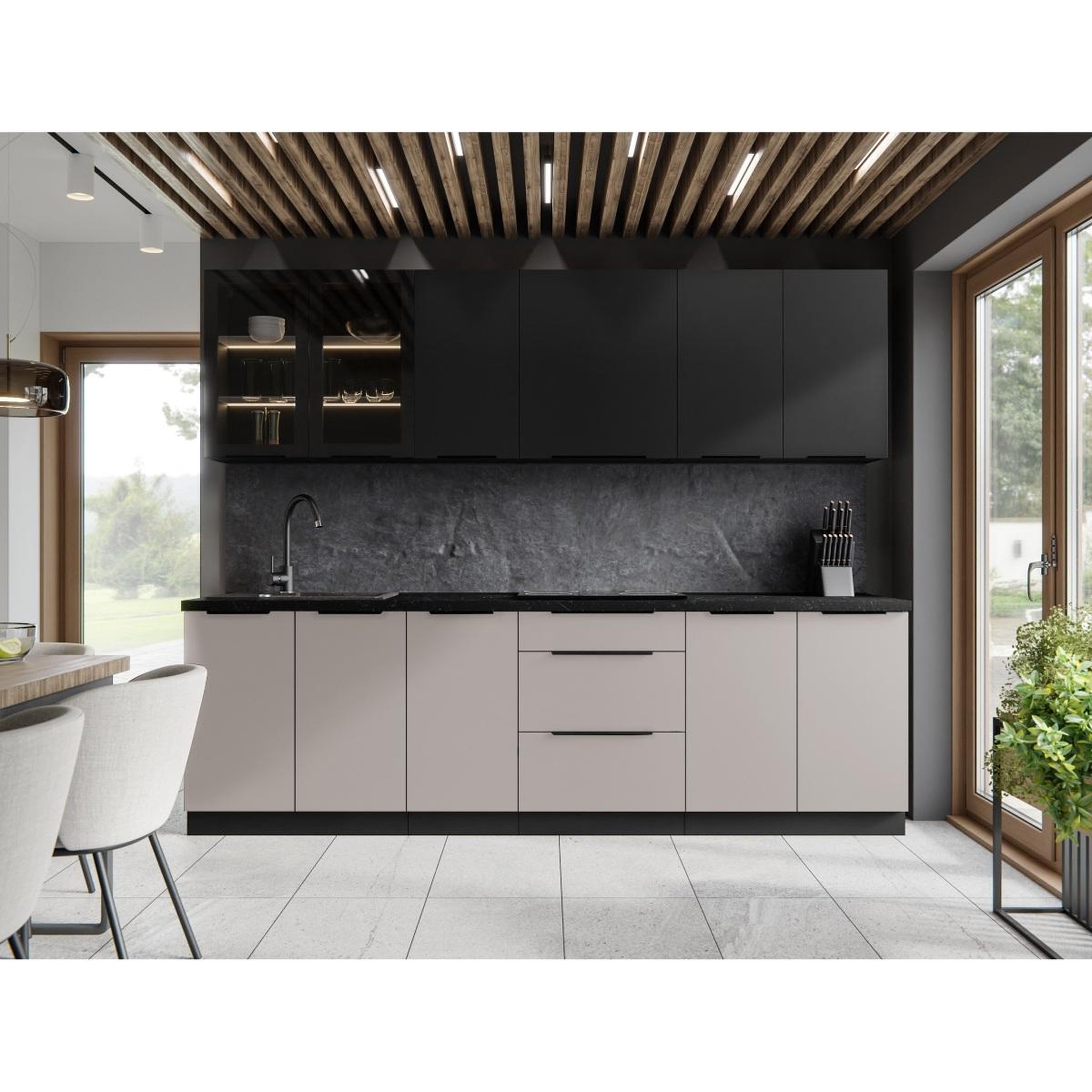 Voir la diapositive 3 : JLC KREATION Cuisine complète moderne beige et noir 260cm MAO