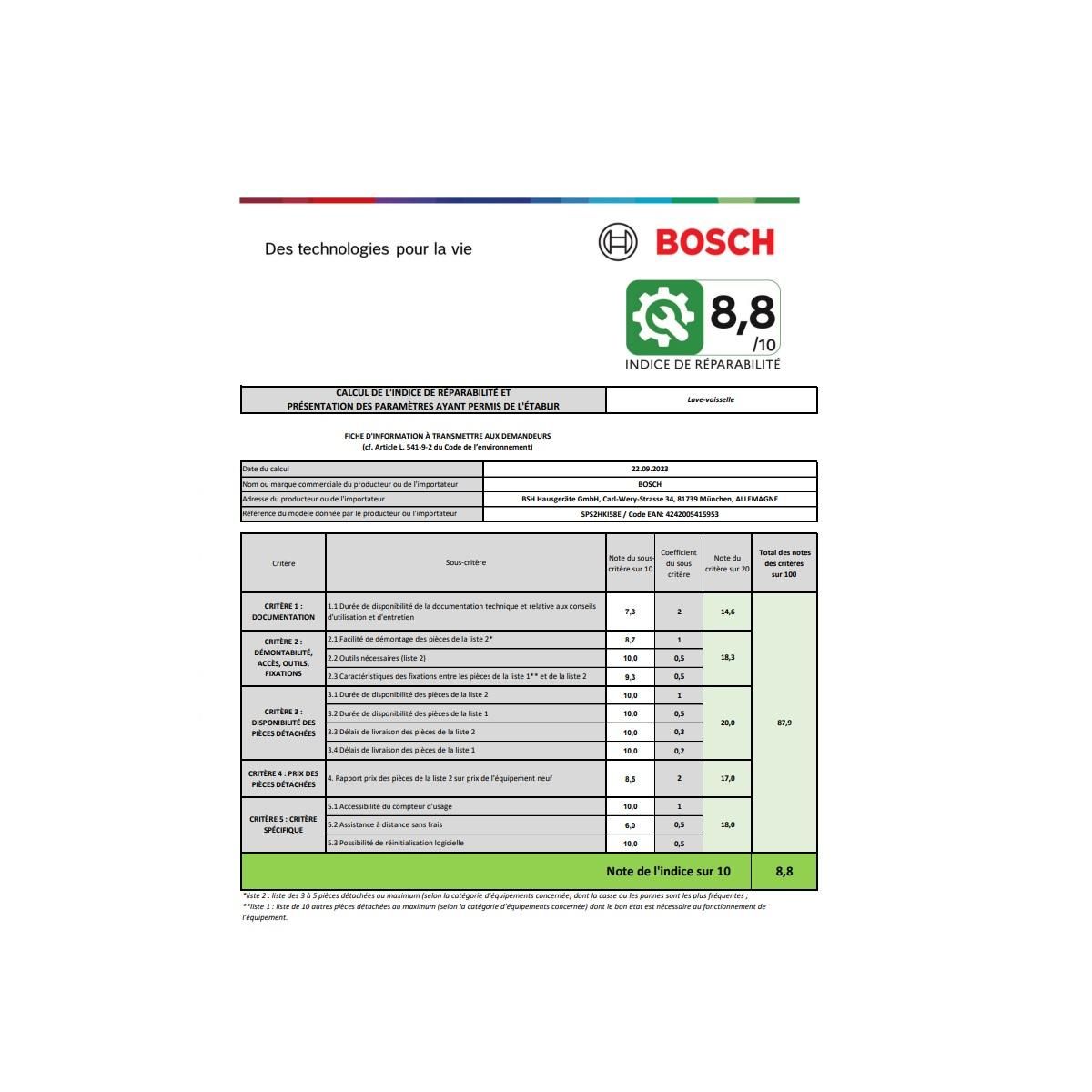 BOSCH Lave-vaisselle 45cm 10 couverts 46db inox - SPS2HKI58E