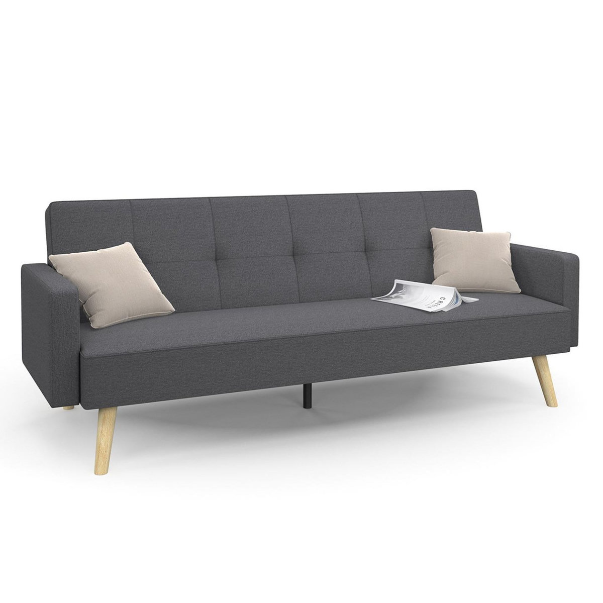 ID MARKET Canapé droit scandinave 3 places convertible LARS en tissu gris