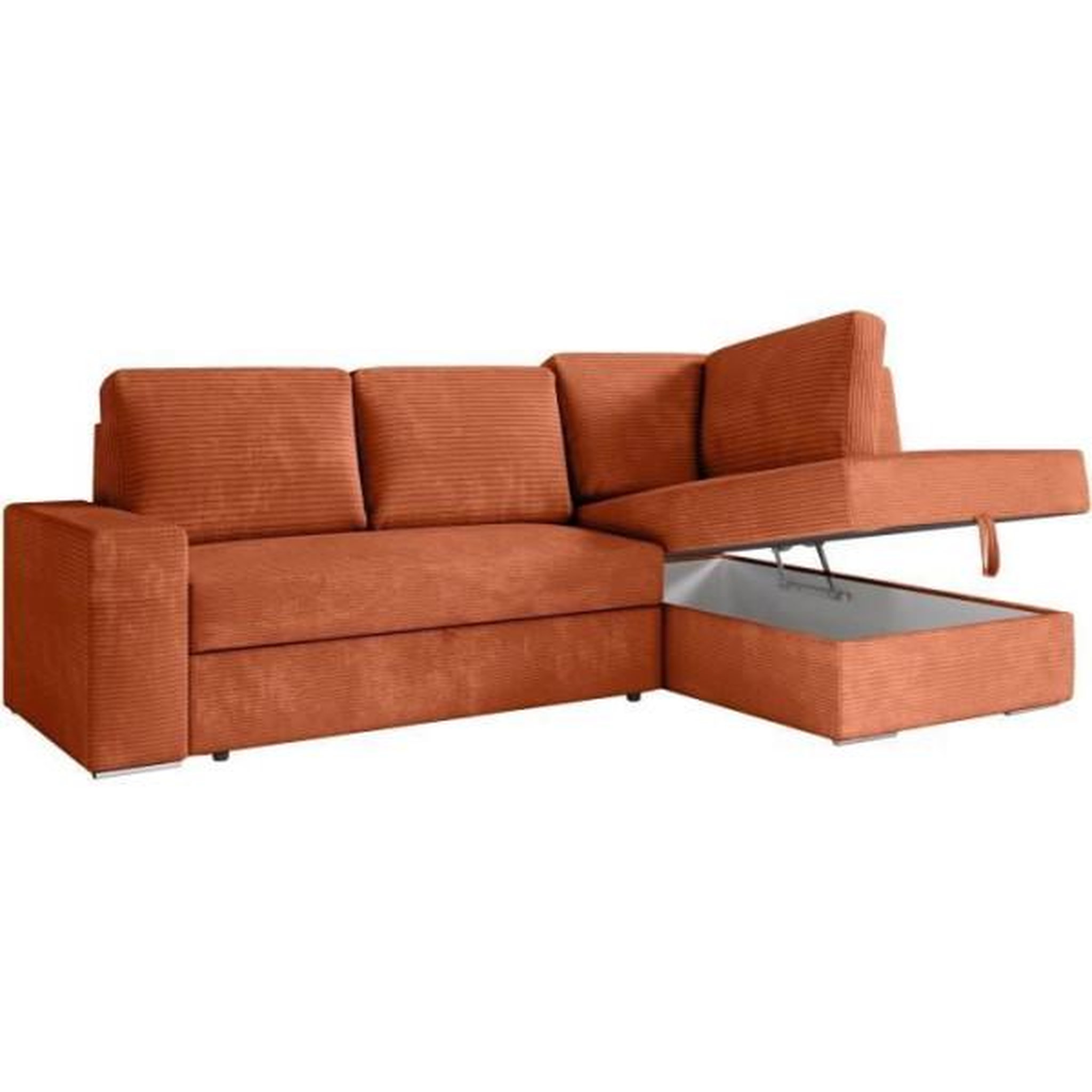 Voir la diapositive 4 : LOUNGITUDE Canapé d'angle droit 3 places convertible ADEN avec coffre en velours côtelé - Terracotta - L246 x P174 x H96cm - LOUNGITUDE