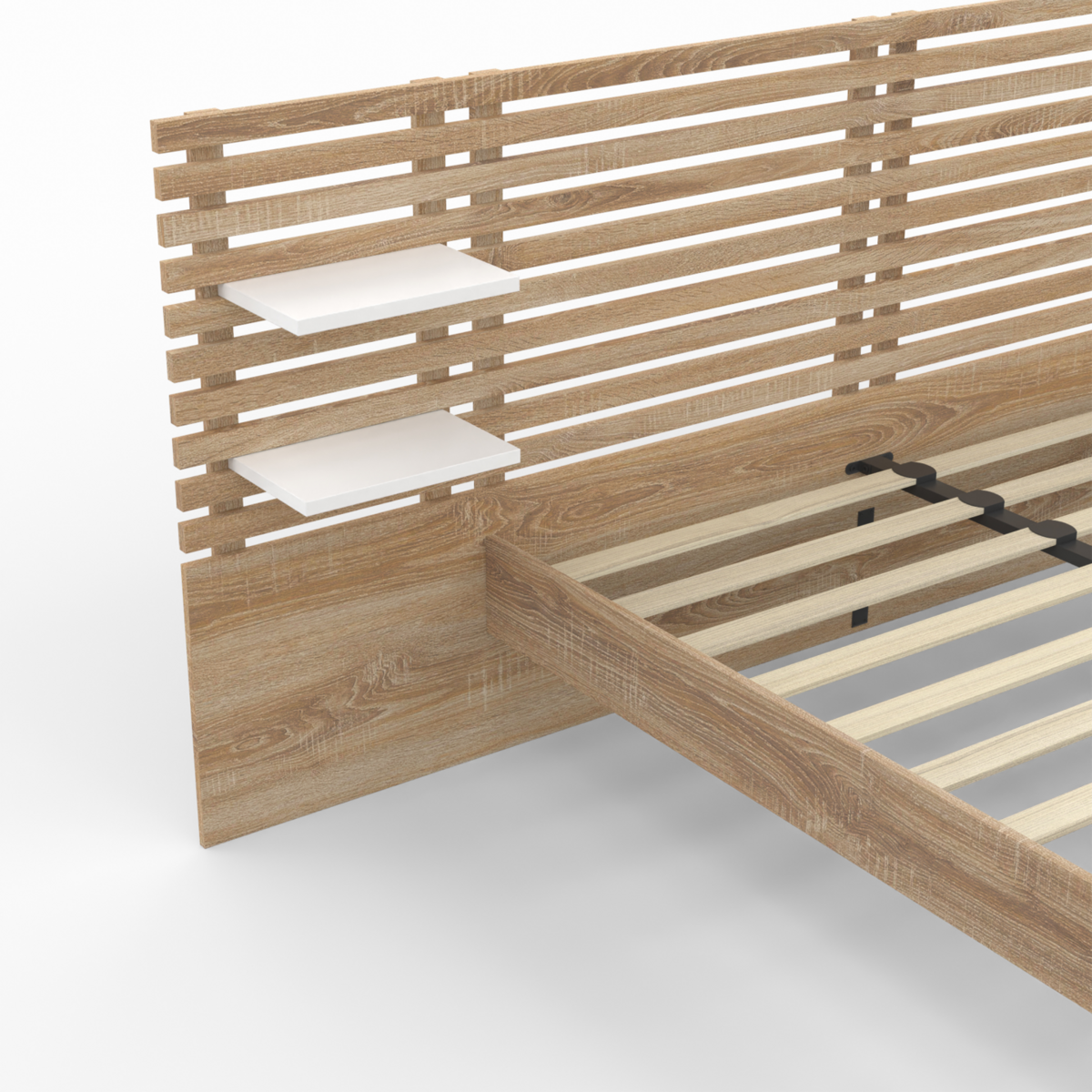 ID MARKET Lit double AMALIA avec tête de lit, étagères suspendues et sommier 140 x 190 cm hêtre et blanc