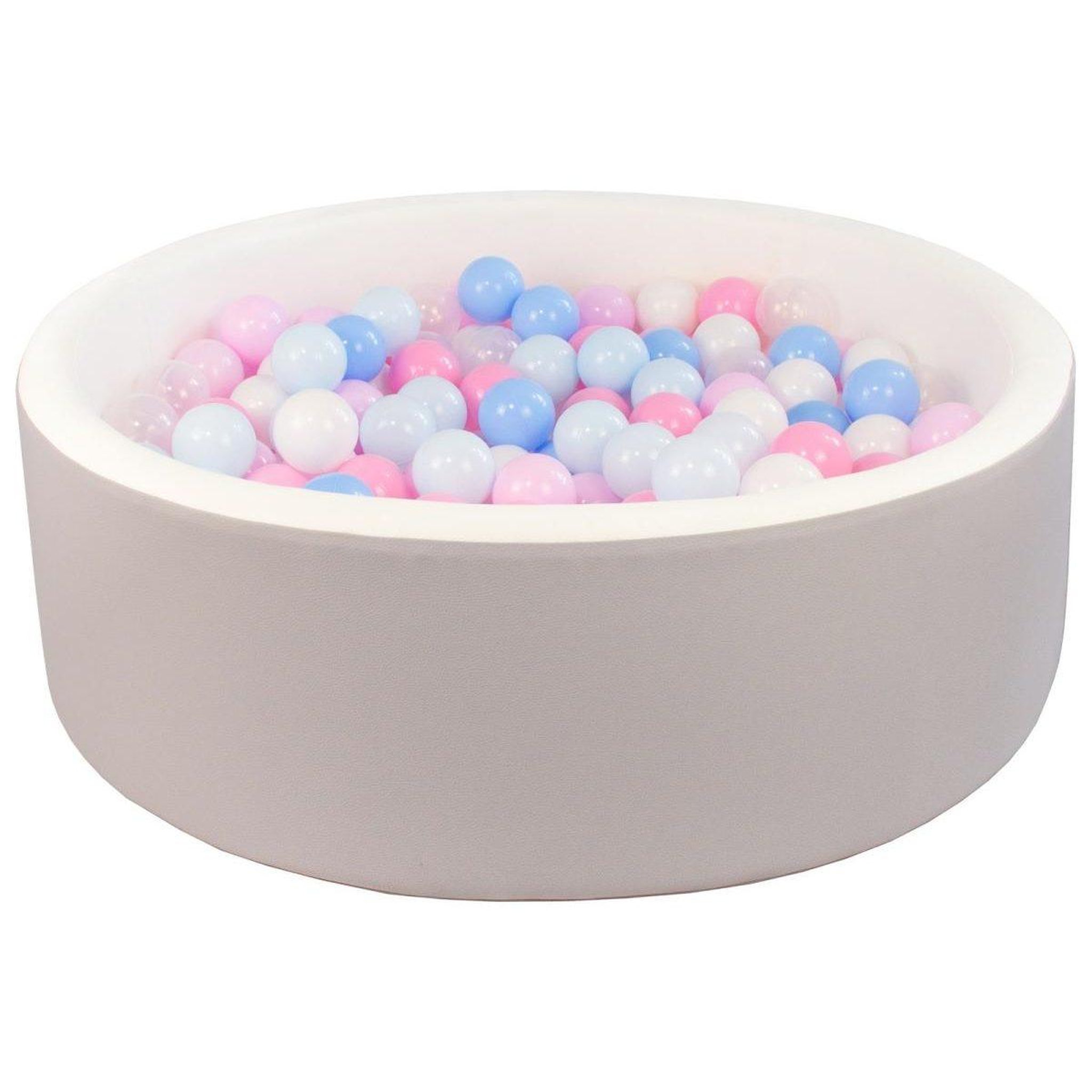 VELINDA Piscine à balles en similicuir avec 300 balles — piscine blanc gris, balles blanc bleu rose