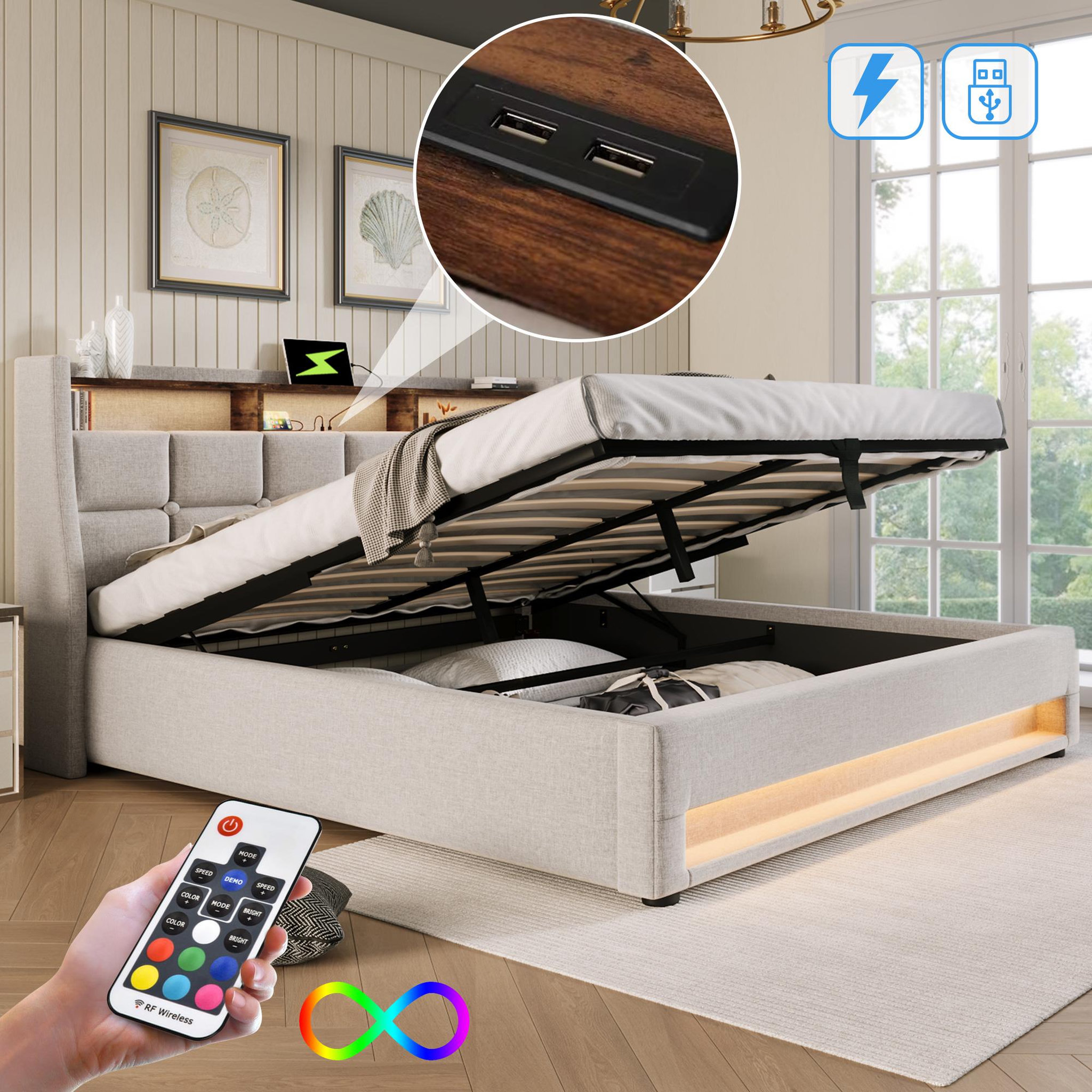 Voir la diapositive 2 : MERAX Lit coffre avec USB et LED Lin gris