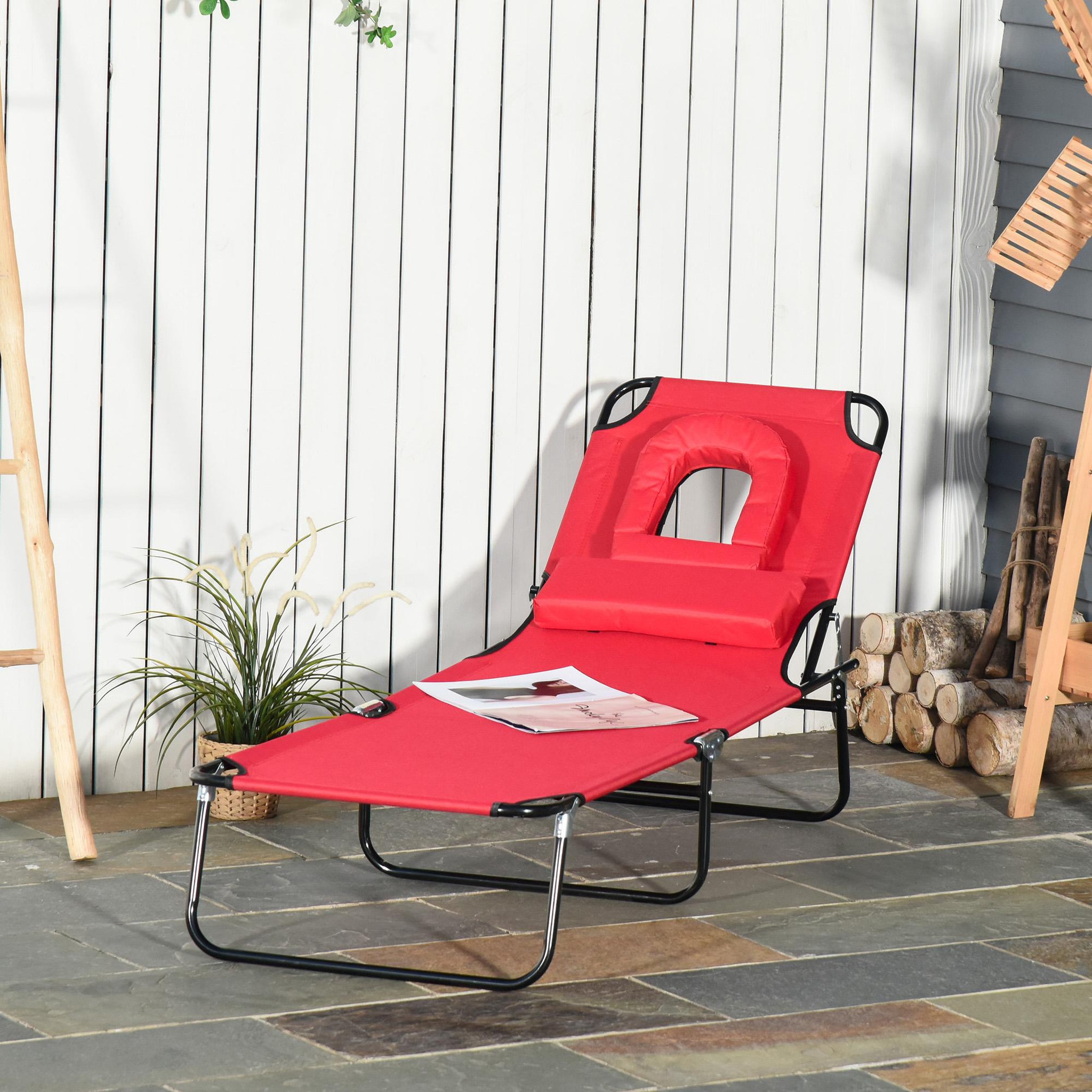 Voir la diapositive 3 : OUTSUNNY Bain de soleil pliable transat inclinable 4 positions chaise longue de lecture 3 coussins fournis rouge