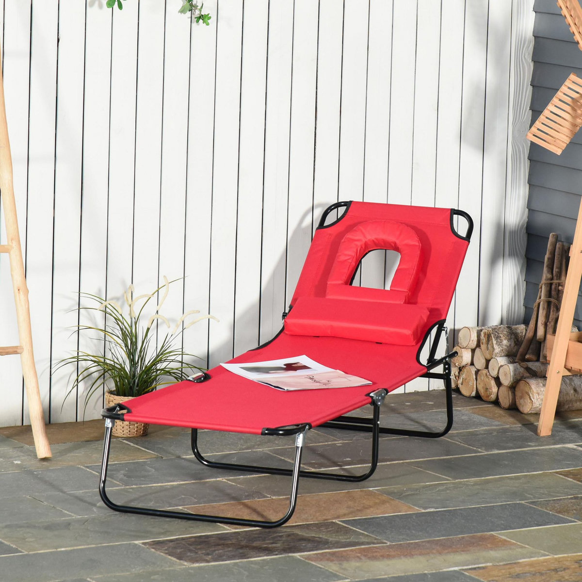 OUTSUNNY Bain de soleil pliable transat inclinable 4 positions chaise longue de lecture 3 coussins fournis rouge