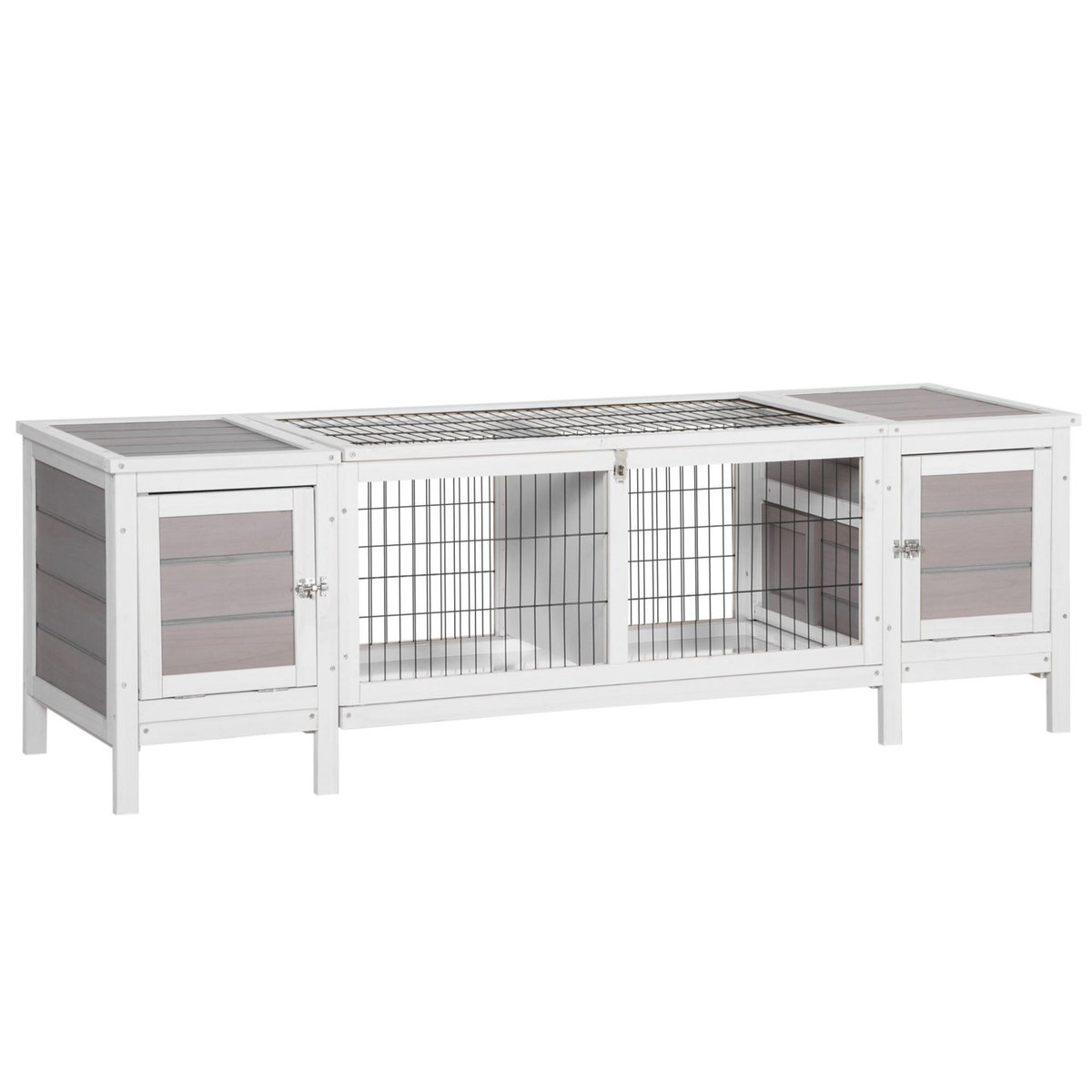 PAWHUT Clapier cage à lapin 2 portes toit ouvrant cloison amovible 2 niches plateaux déjection blanc gris