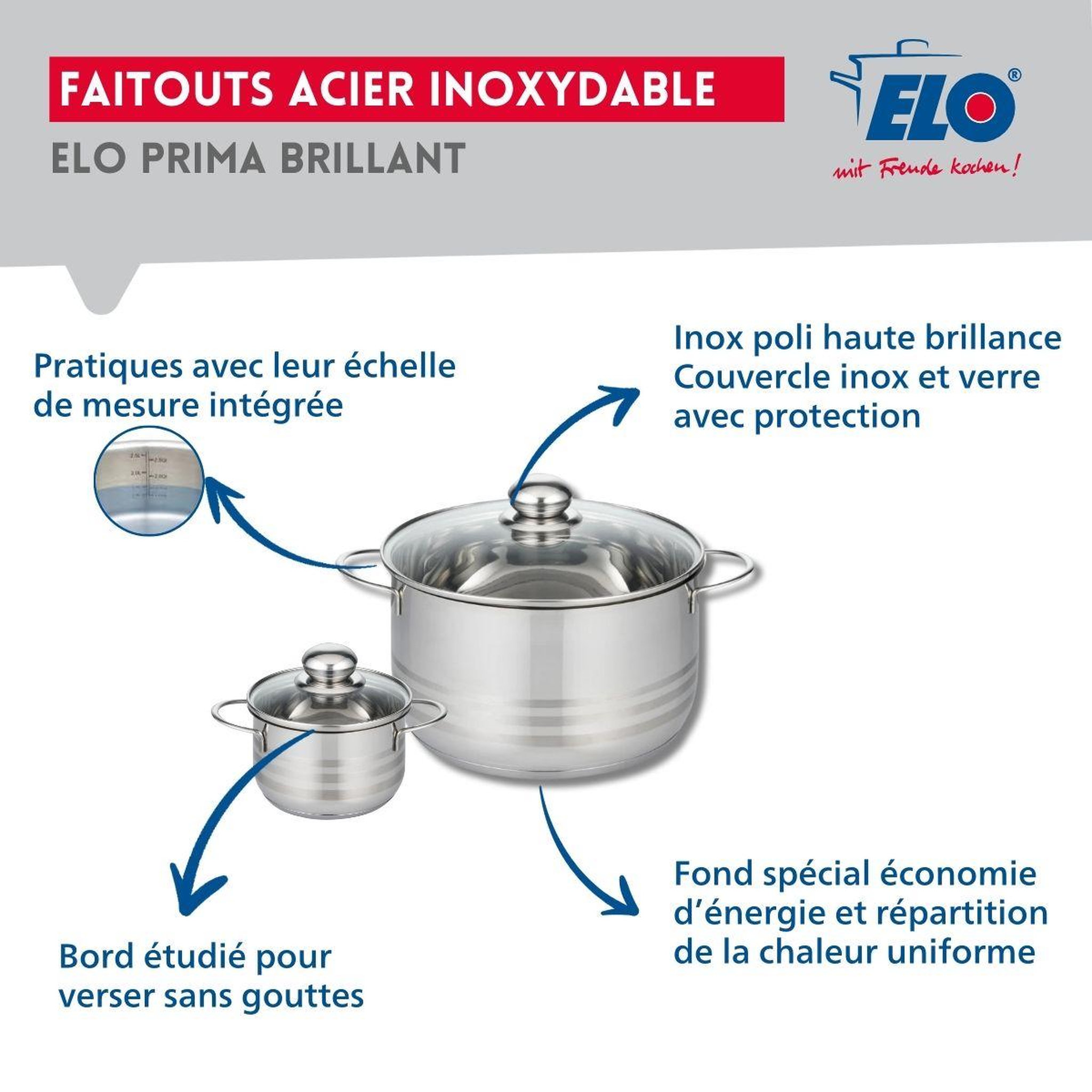 Voir la diapositive 3 : ELO Ensemble de 3 poêles de cuisson 20, 24 et 28 cm et 2 faitouts 12 et 24 cm elo prima brillant