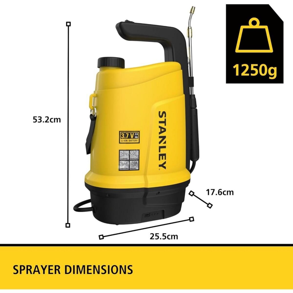 Stanley Pulvérisateur Électrique 5L, Batterie Lithium 3,7 V / 2,6 Ah Pulvérisateur Jardin Végétaux + Lance Télescopique STANLEY
