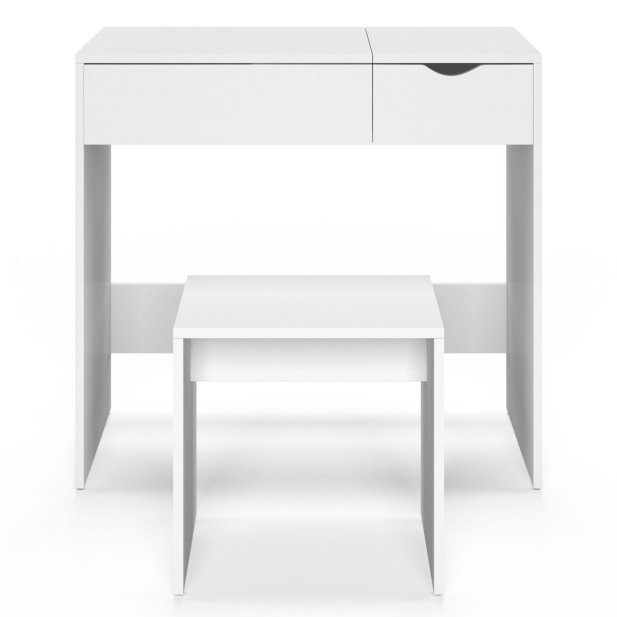 ID MARKET Coiffeuse ZELIA miroir rabattable avec 1 tiroir et 1 tabouret