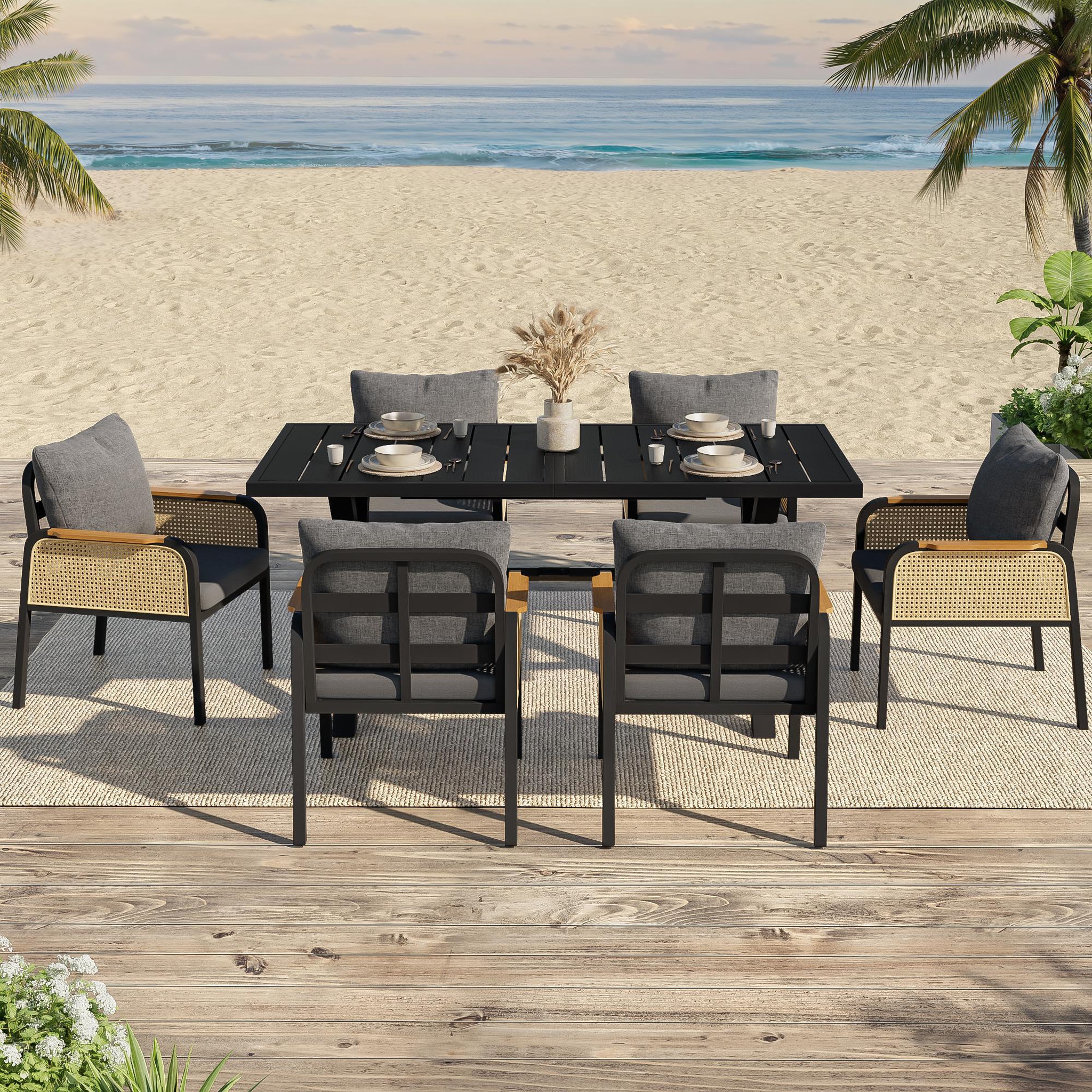 Voir la diapositive 2 : MERAX Salon de jardin 6 places en fer avec 1 table 6 chaises, noir  bois