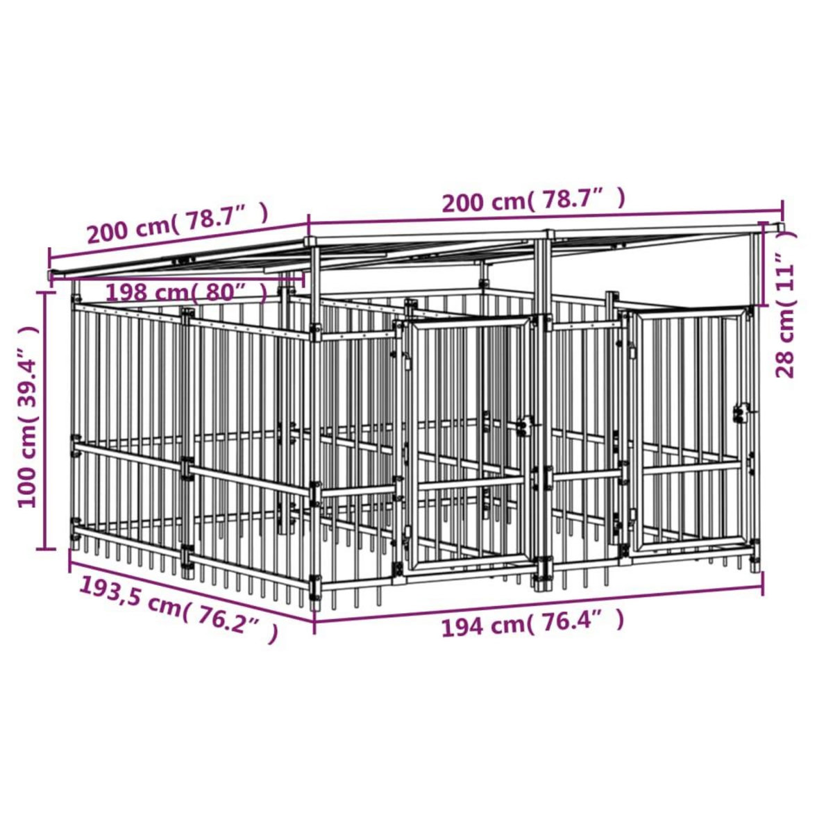 VIDAXL Chenil d'exterieur avec toit pour chiens Acier 3,75 m²