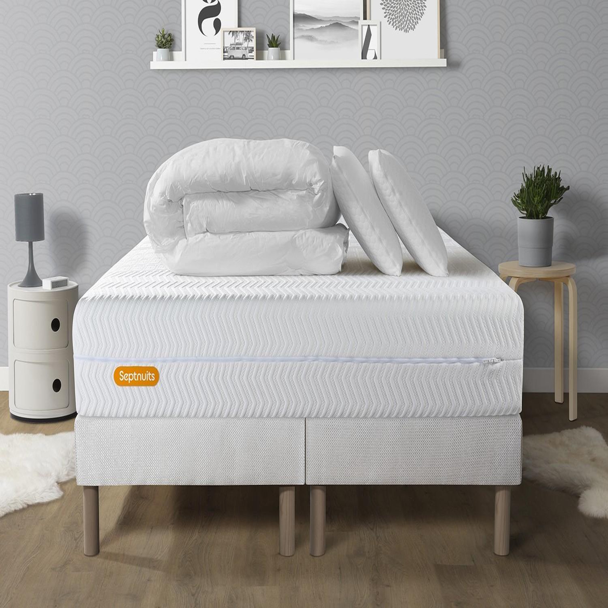 SEPTNUITS PACK Matelas + double sommiers Memo Bio  Mousse à mémoire de forme 5 zones de confort Maxi épaisseur. Coloris disponibles : Blanc