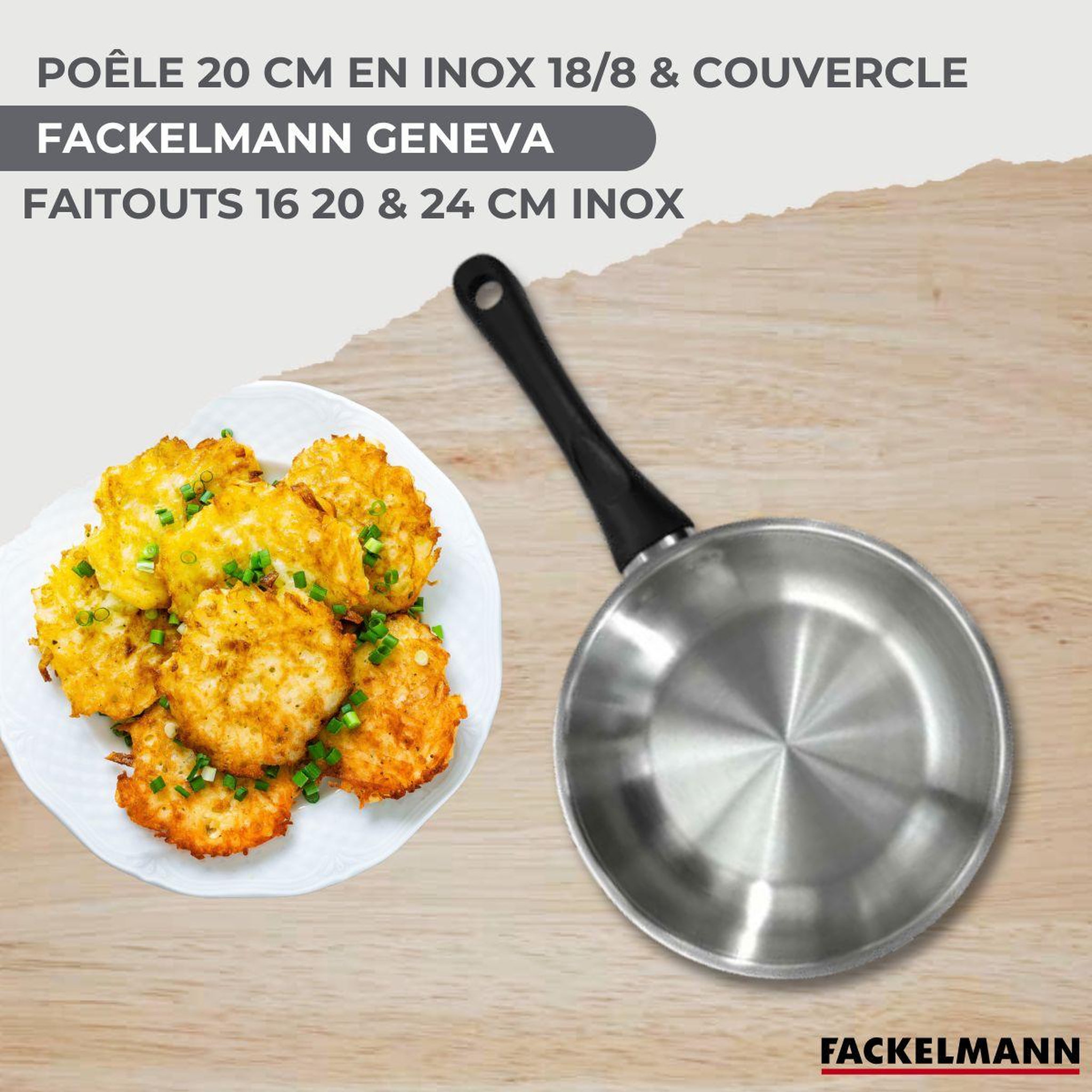 Voir la diapositive 2 : Fackelmann Batterie de cuisine avec 1 poêle 20 cm et 3 faitouts 16/20/24 cm sans PFAS Fackelmann Généva Brillant avec couvercles