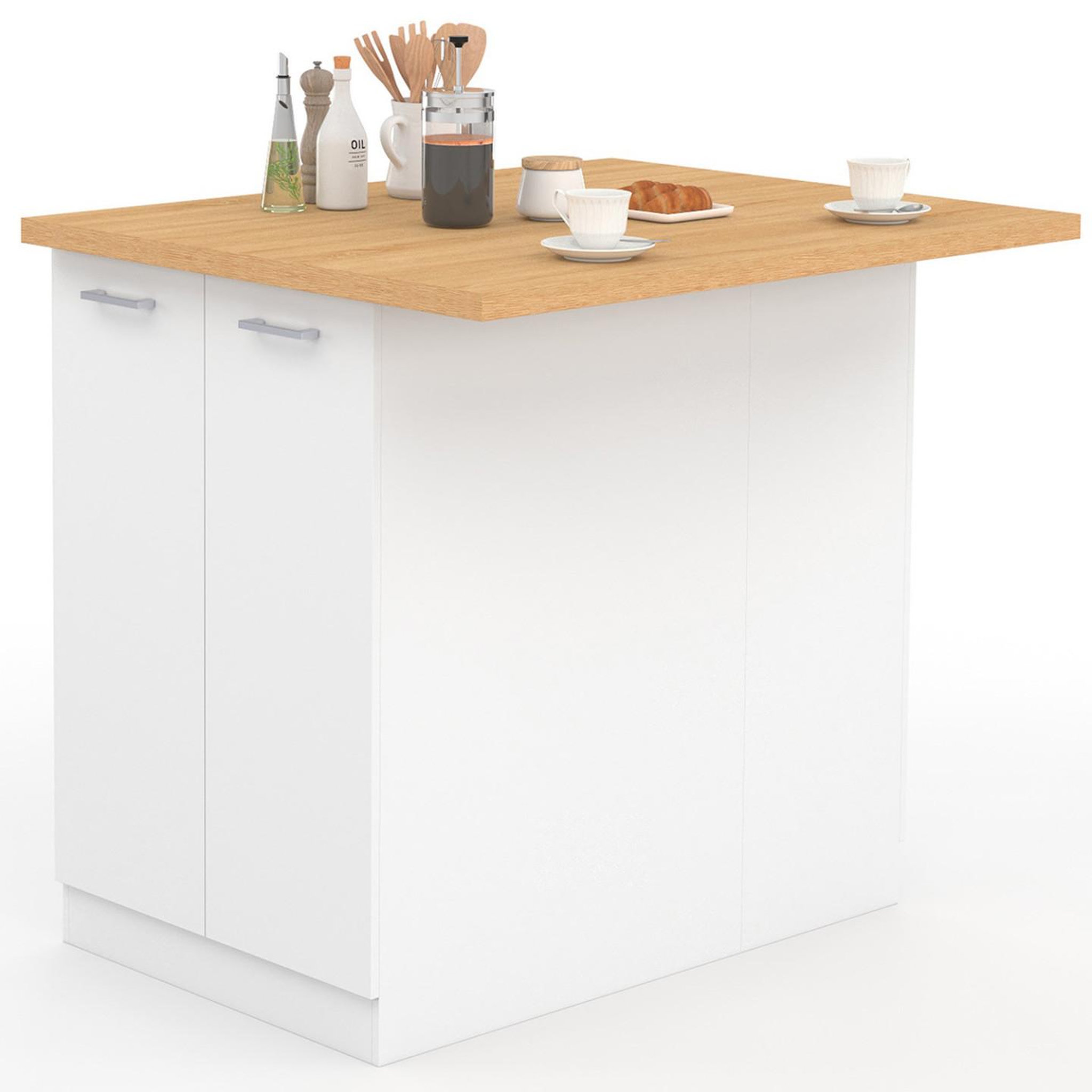 ID MARKET Ilot central ivo 100 cm blanc avec plan de travail façon hêtre