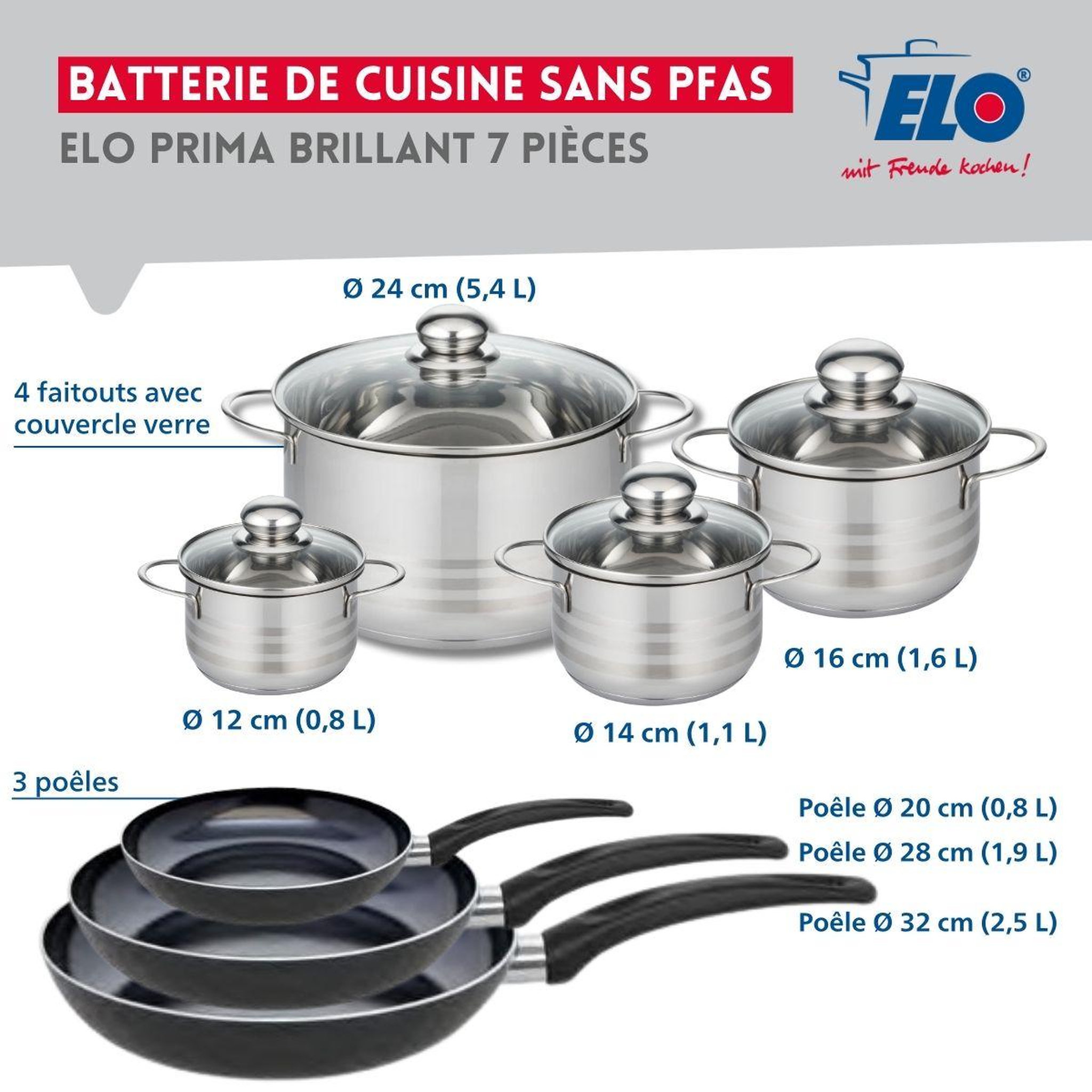 Voir la diapositive 2 : ELO Ensemble de 3 poêles de cuisson 20, 28 et 32 cm et 4 faitouts 12, 14, 16 et 24 cm elo prima brillant