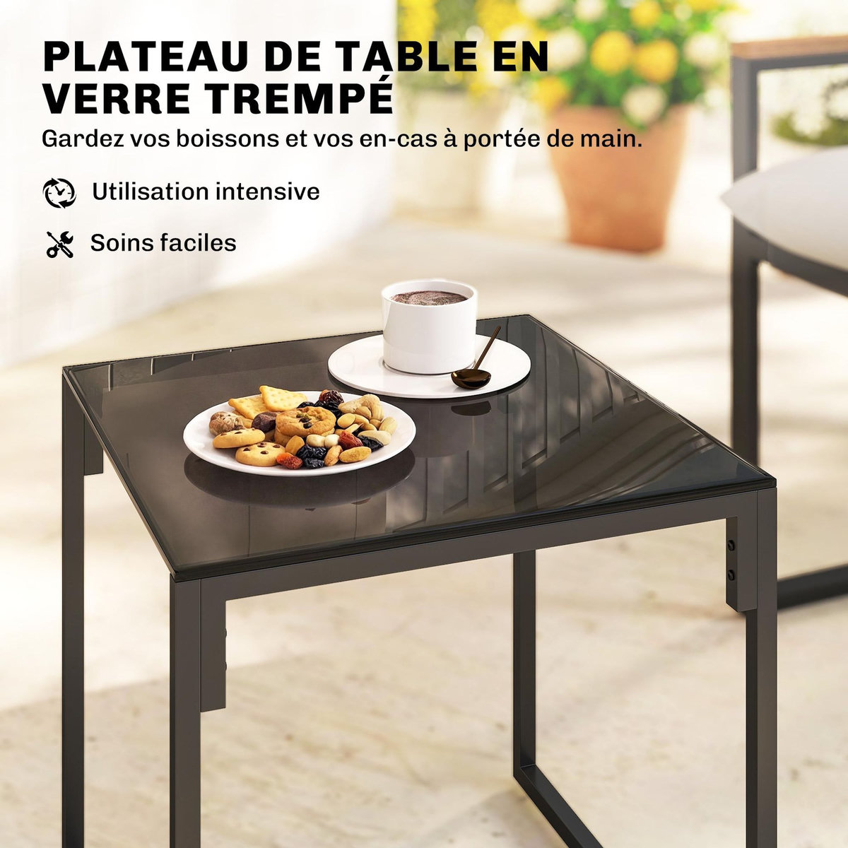 OUTSUNNY Salon de jardin 2 places 2 fauteuils 1 table basse métal gris