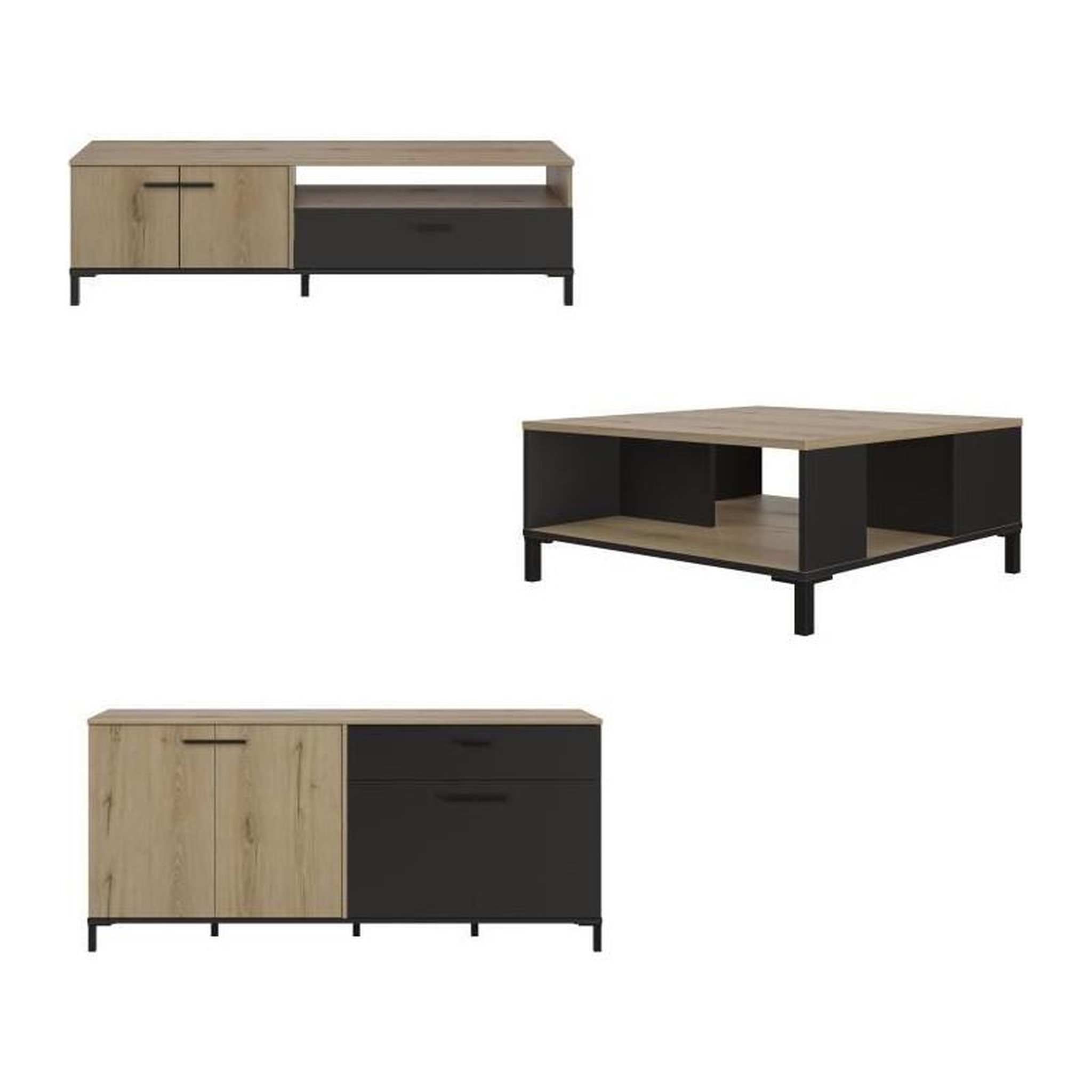 Voir la diapositive 3 : GAMI Ensemble meuble TV, table basse et buffet bas - TRUST - Chene / Noir - GAMI