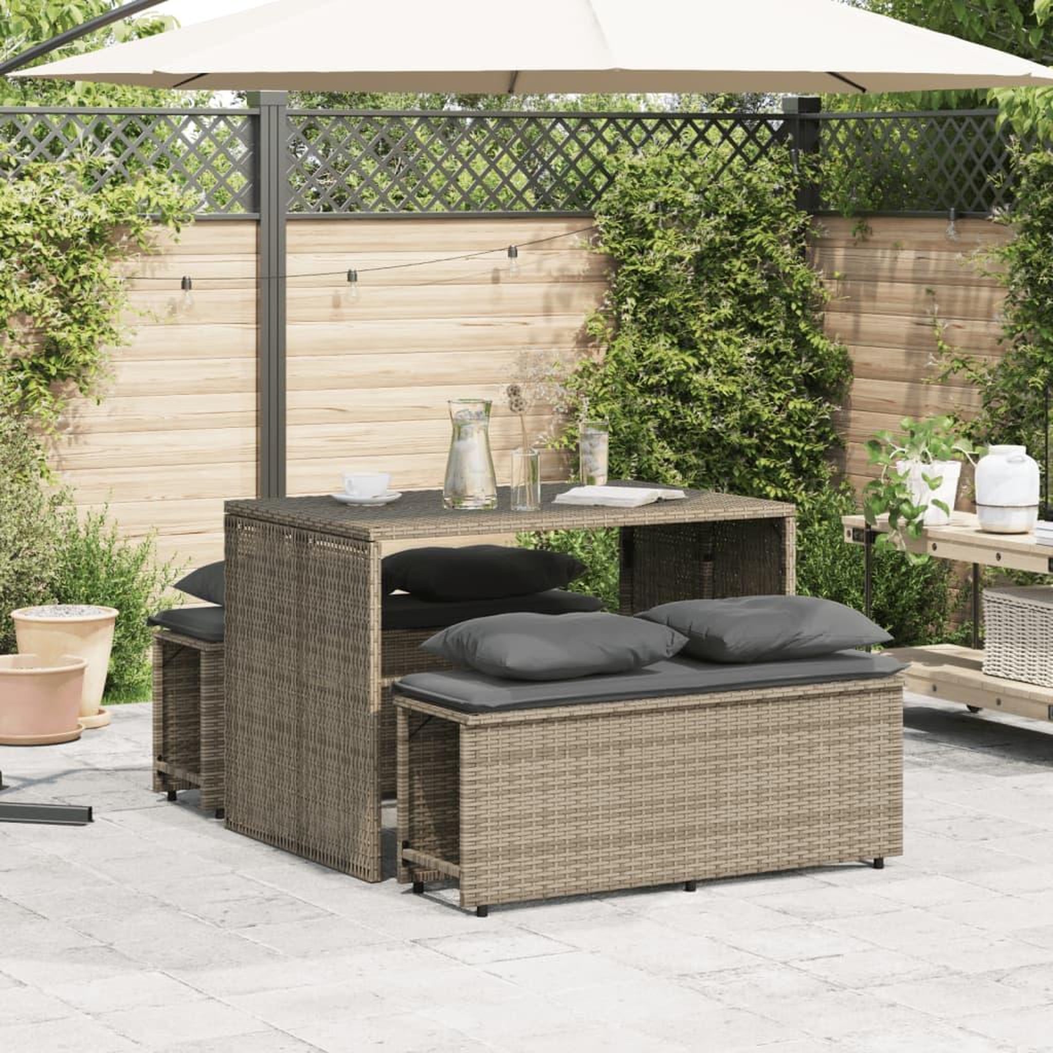 Voir la diapositive 3 : VIDAXL Ensemble a manger de jardin 3 pcs coussins gris resine tressee