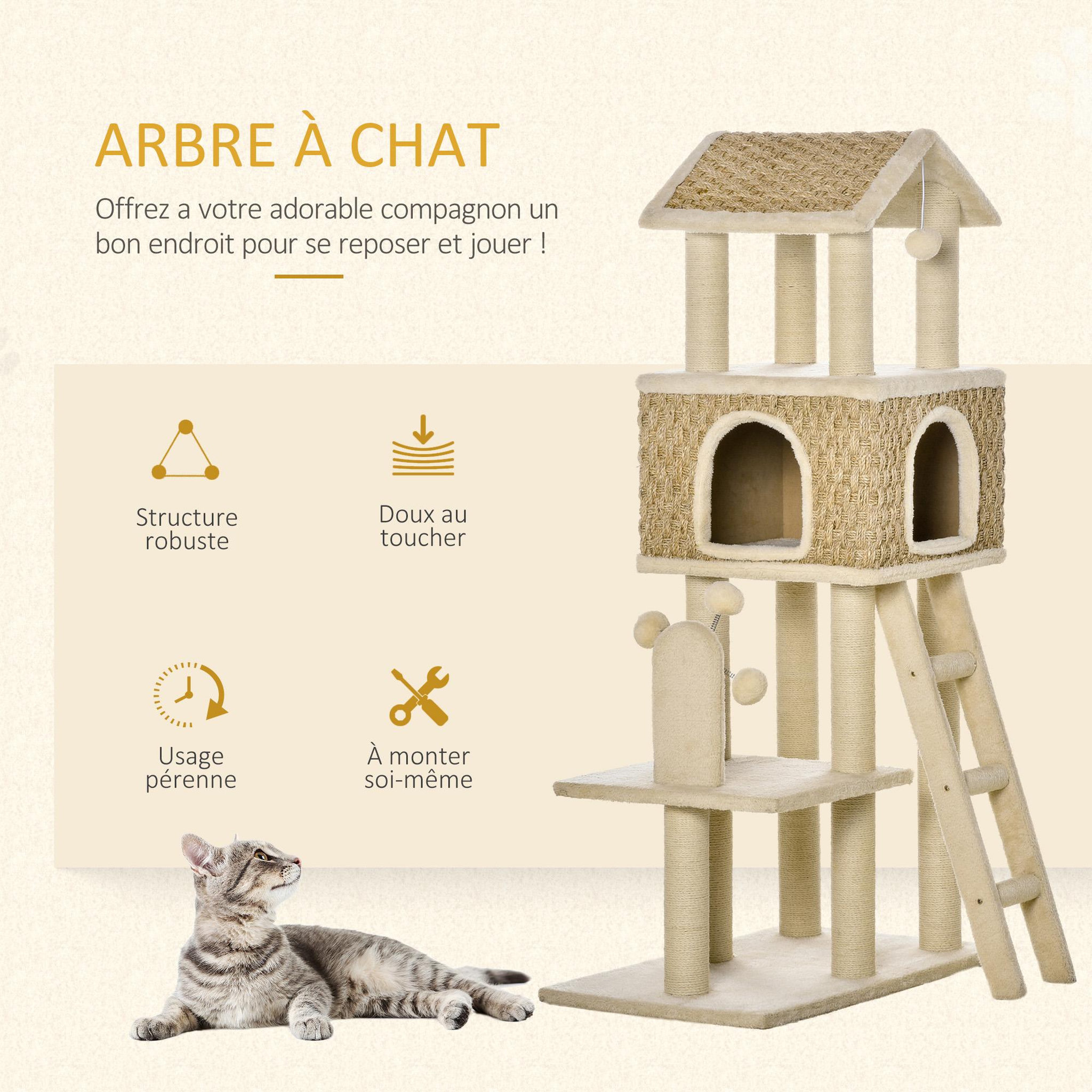 Voir la diapositive 4 : PAWHUT Arbre à chats style cosy chic griffoirs sisal naturel grande niche plateforme échelle jeu boules tourniquet peluche courte cordes d'algues tressées