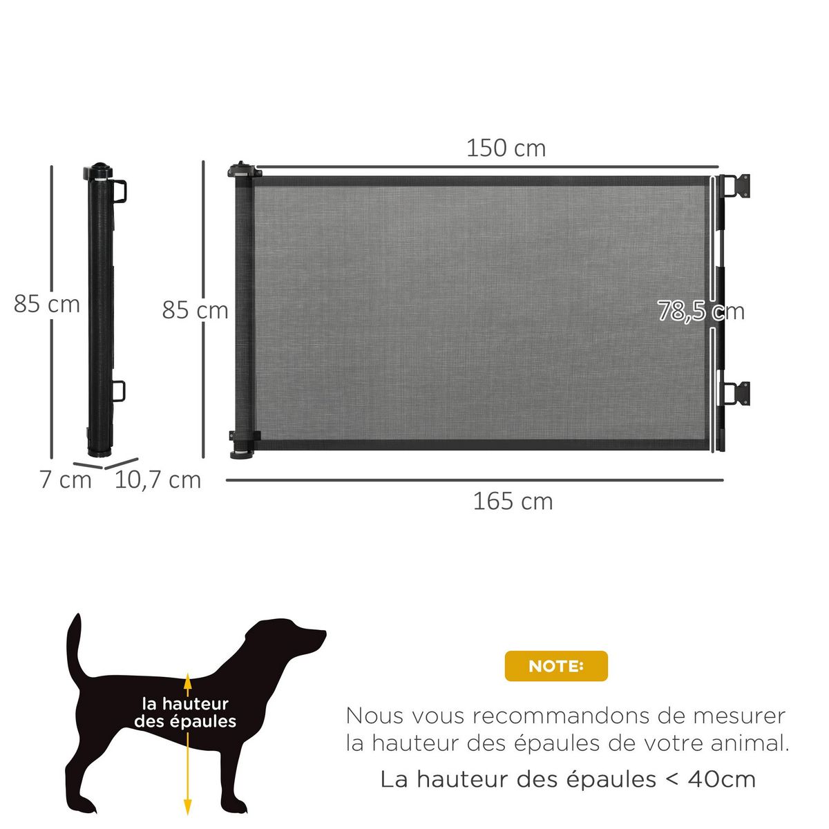 PAWHUT Barrière de sécurité barrière animaux rétractable automatique 1,65L x 0,85H m teslin alu. PVC noir