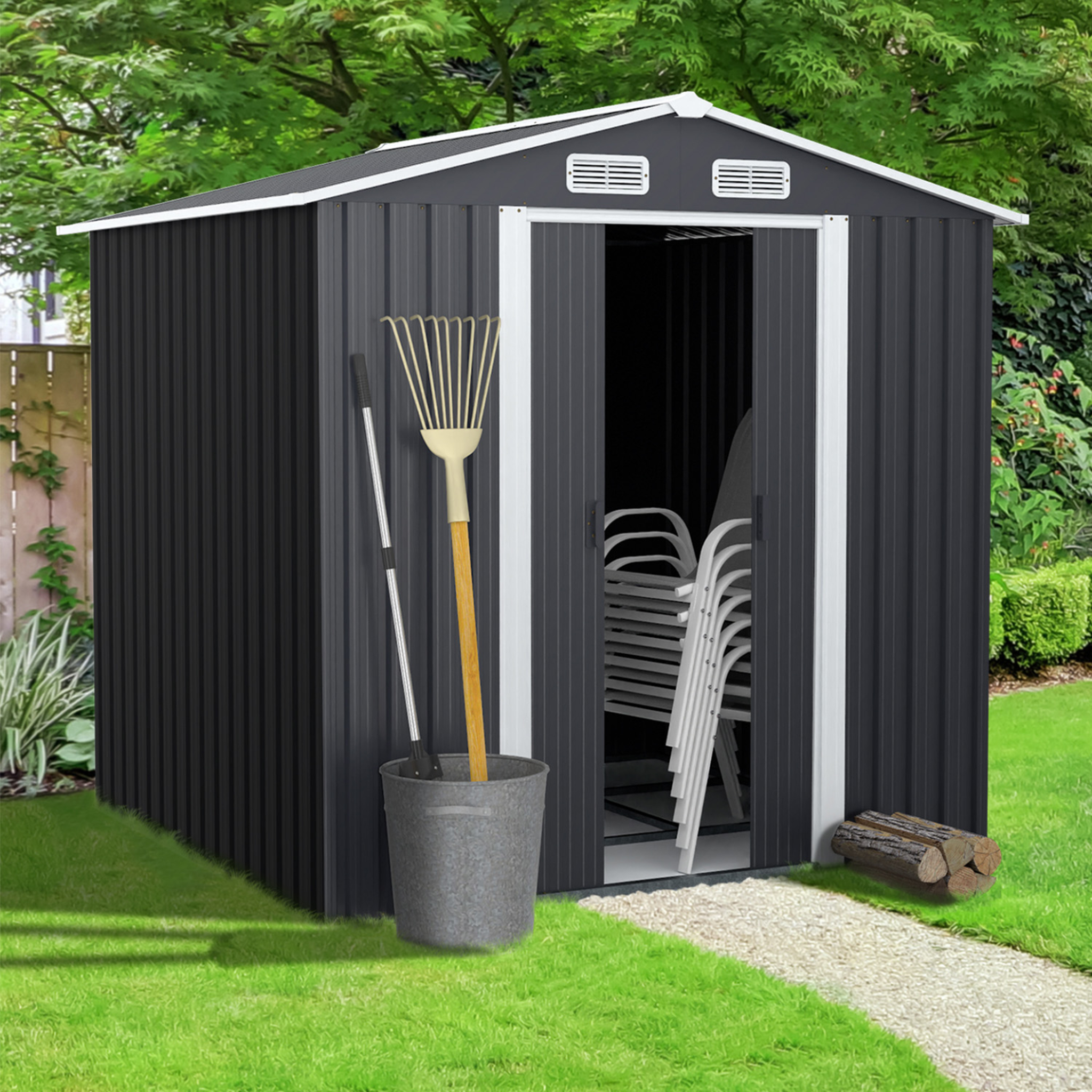 Voir la diapositive 2 : ID MARKET Abri de jardin 3,7m² gris en acier galvanisé avec base