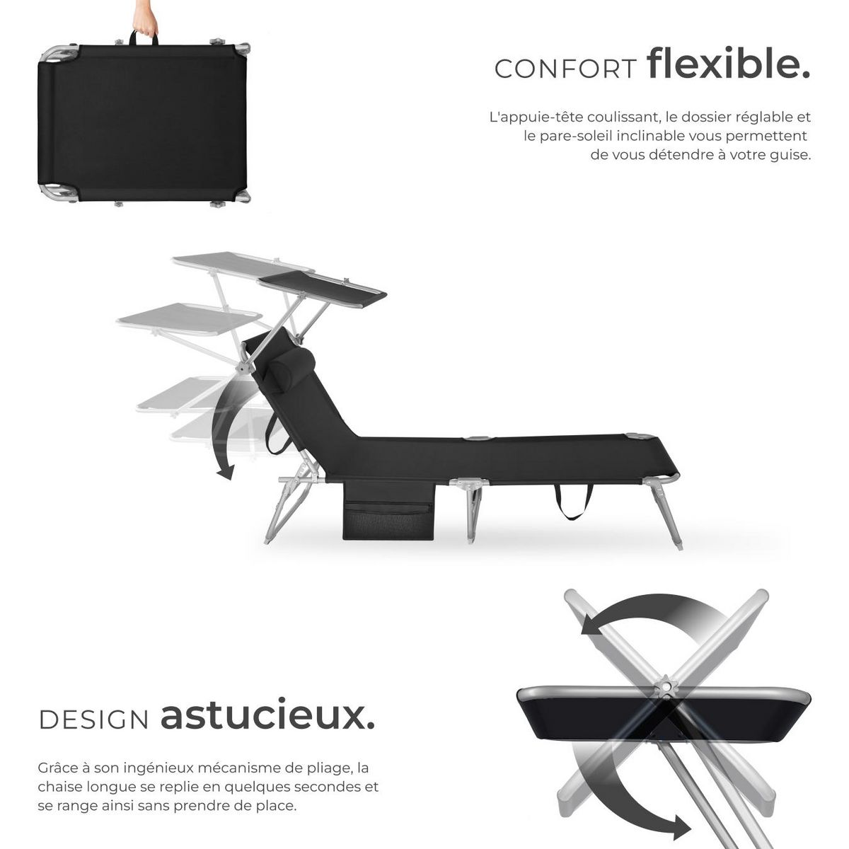 tectake Bain de soleil pliable noir