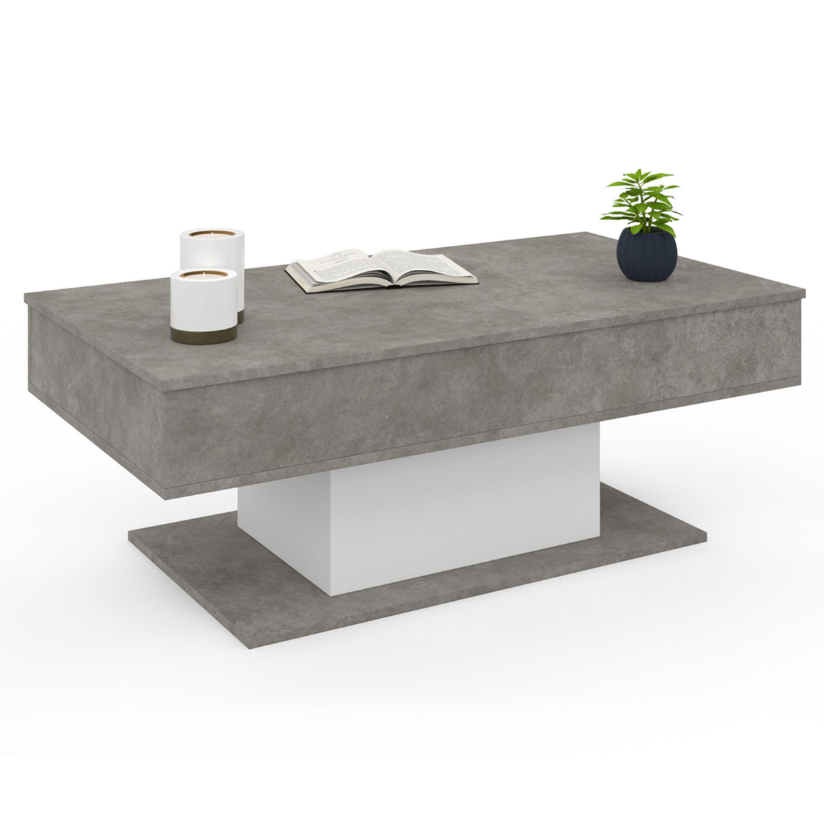 ID MARKET Table basse plateau relevable rectangulaire EDEN effet béton et blanc