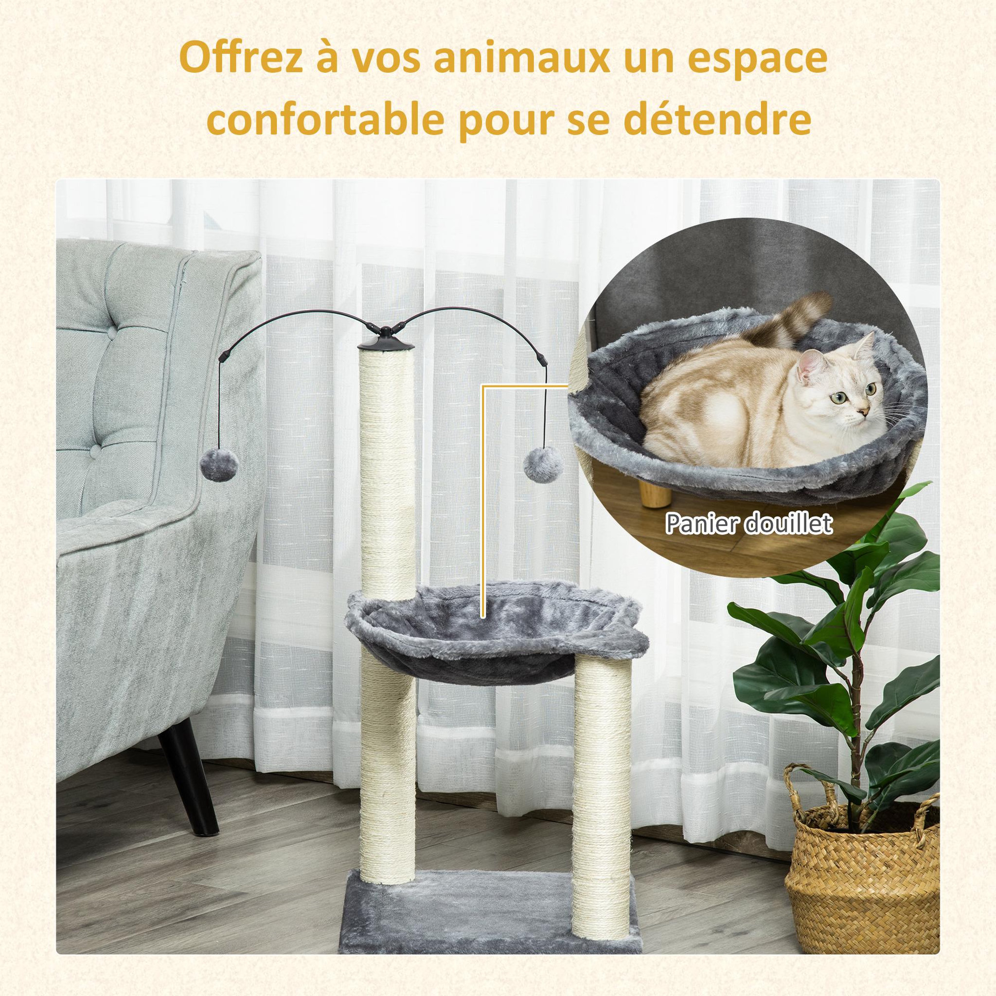 Voir la diapositive 5 : PAWHUT Arbre à chat 2 griffoirs grattoirs sisal naturel hamac jeu 2 boules suspendues peluche haute densité 400 g/m² gris