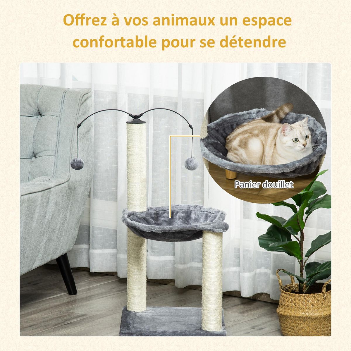 PAWHUT Arbre à chat 2 griffoirs grattoirs sisal naturel hamac jeu 2 boules suspendues peluche haute densité 400 g/m² gris