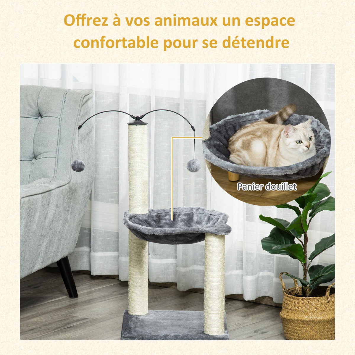 PAWHUT Arbre à chat 2 griffoirs grattoirs sisal naturel hamac jeu 2 boules suspendues peluche haute densité 400 g/m² gris