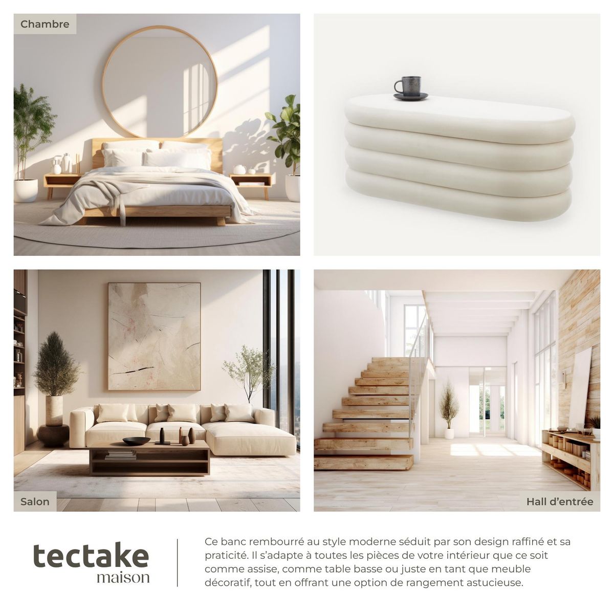 tectake Banc rembourré 2 grands compartiments de rangement Aspect velours crème/ blanc