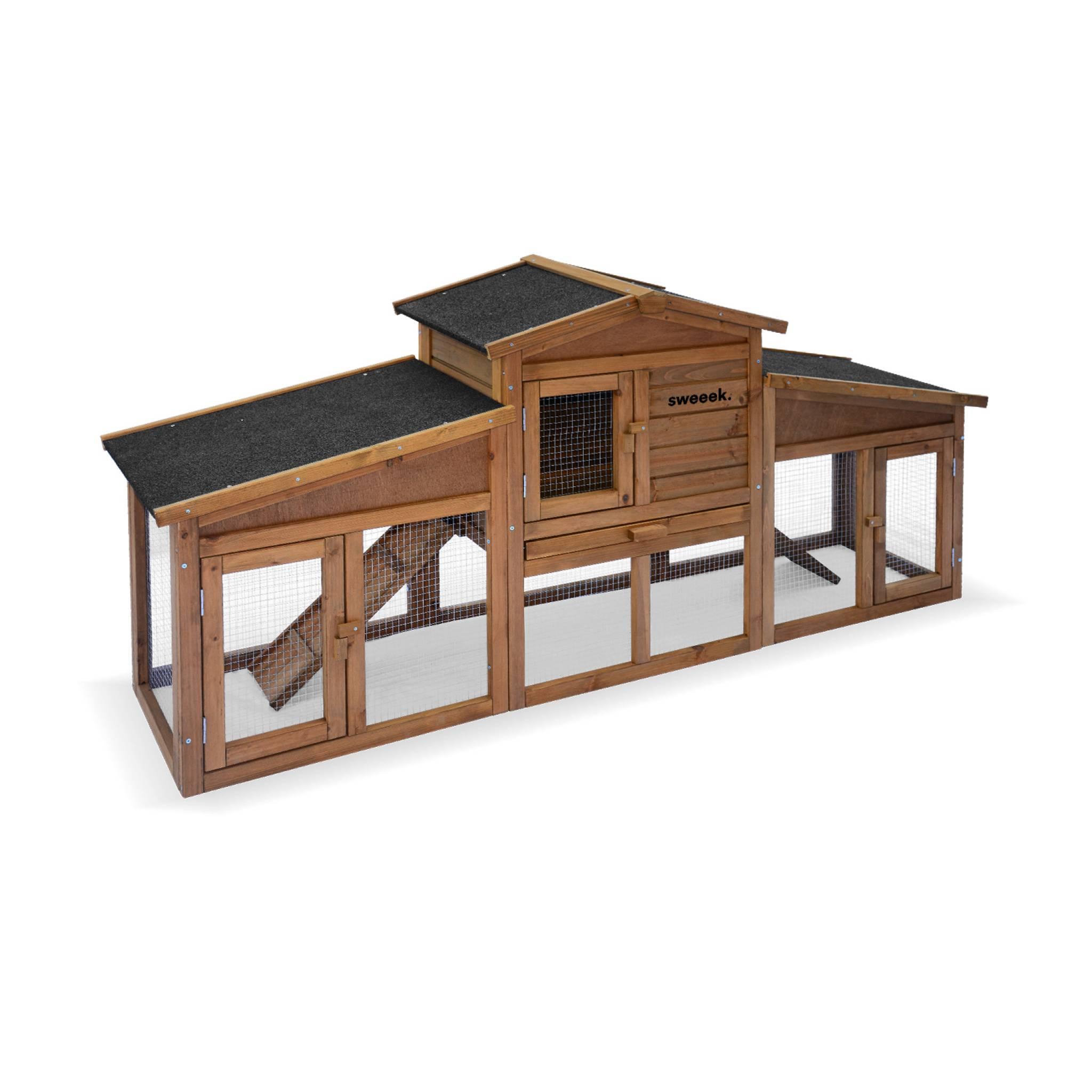 Voir la diapositive 1 : SWEEEK Clapier en bois Angora pour lapin et autres rongeurs. 4 lapins. cage à lapin avec enclos. espace intérieur et extérieur. poulailler