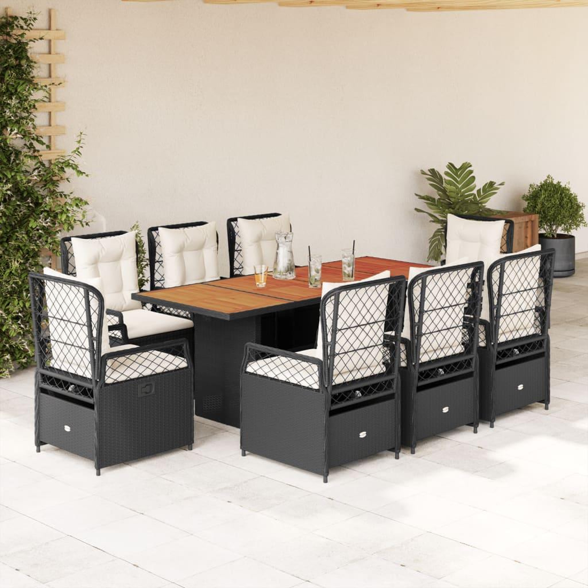 VIDAXL Ensemble a manger de jardin 9pcs coussins noir resine tressee