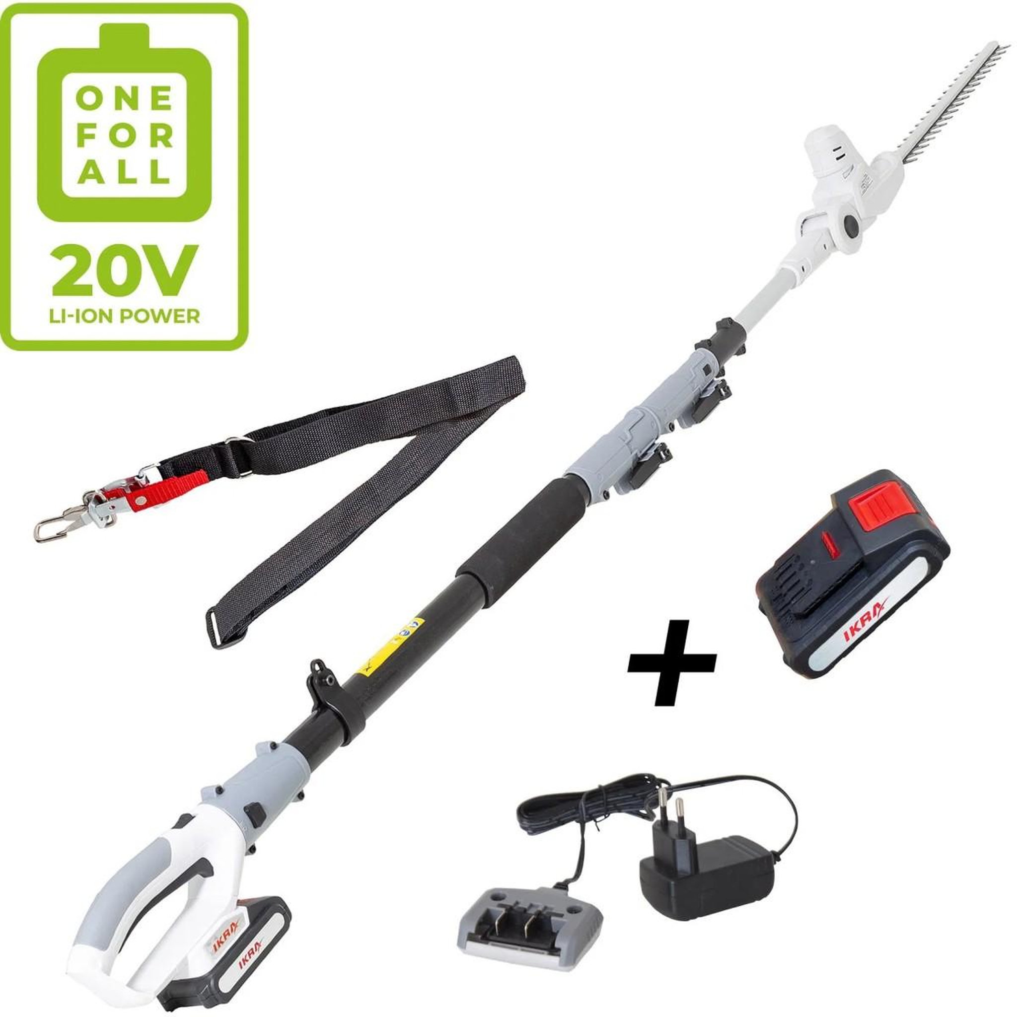 Ikra Taille haie sur perche téléscopique 20v - coupe longueur 40 cm - batterie lithium 2.0ah chargeur 20v - ikra