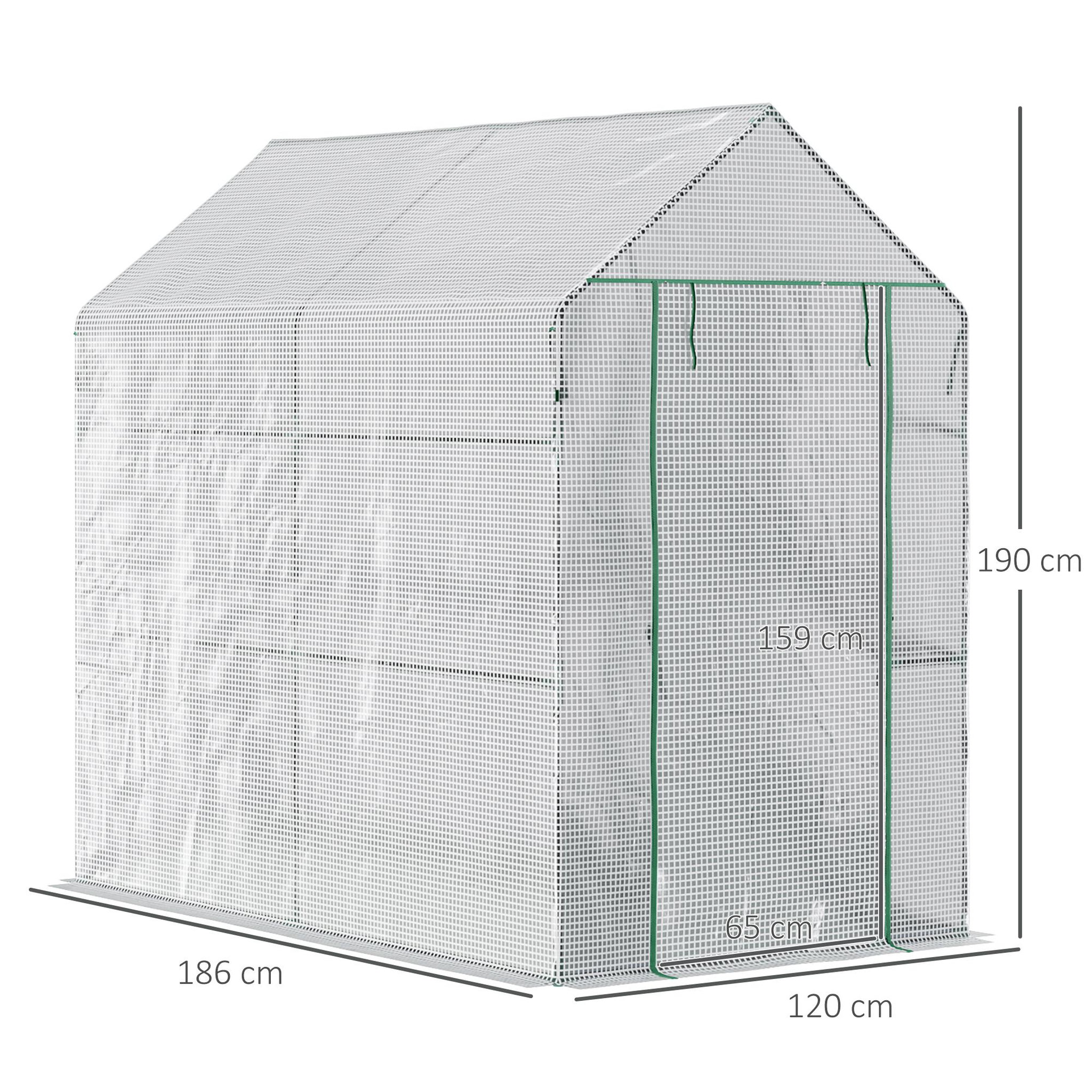 Voir la diapositive 5 : OUTSUNNY Serre de jardin 2 tablettes dim. 1,86l x 1,2l x 1,9h m porte déroulante acier pe haute densité 140 g/m² transparent blanc