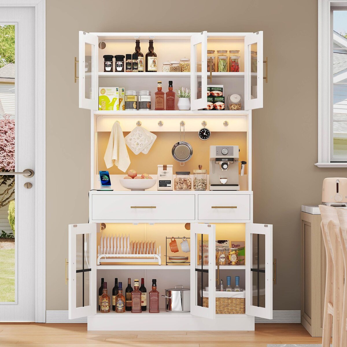 MERAX Buffet de cuisine 6 portes 2 tiroirs - 100 cm blanc led mdf