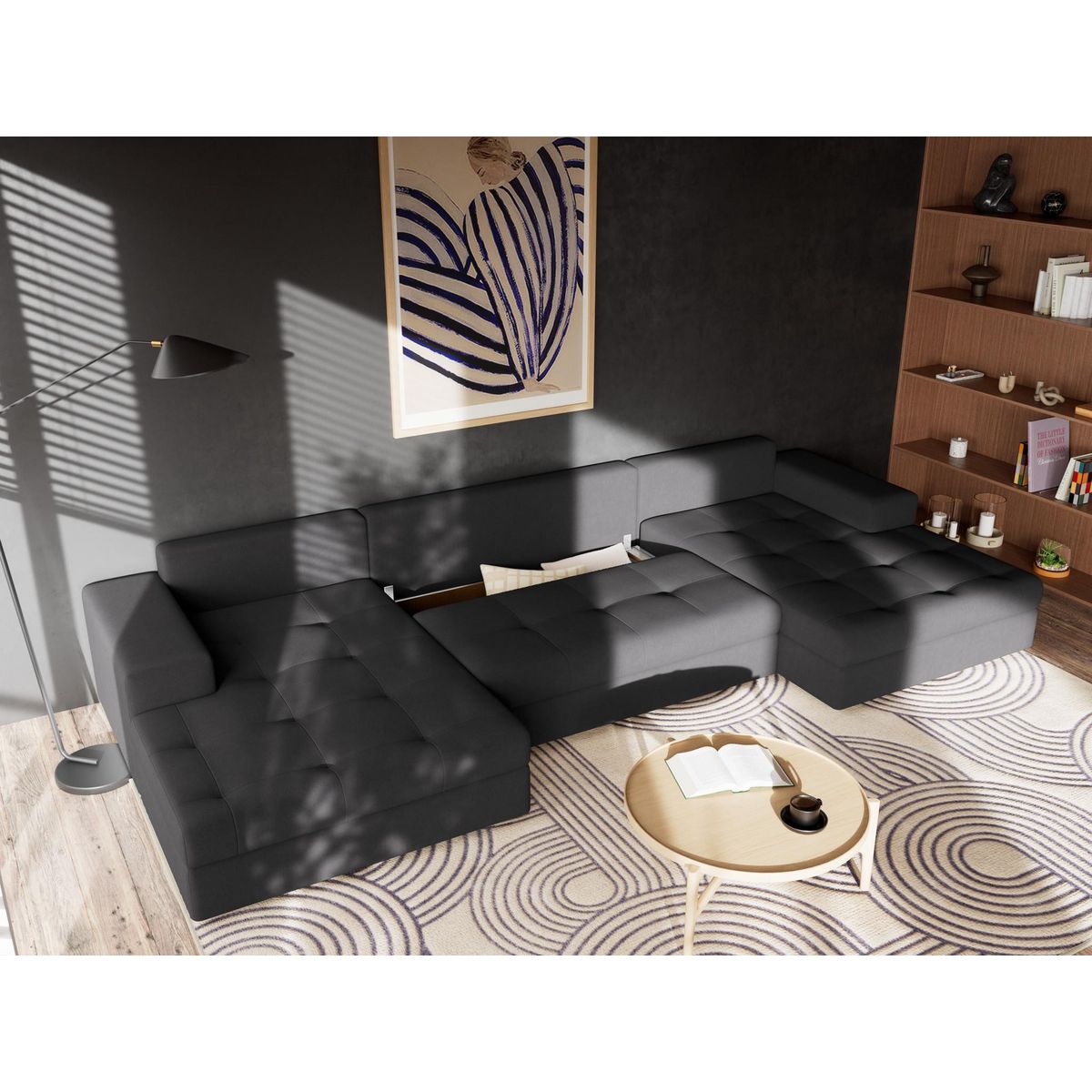 BEST MOBILIER Bastian - canapé panoramique en u 7 places convertible avec coffre en velours texturé