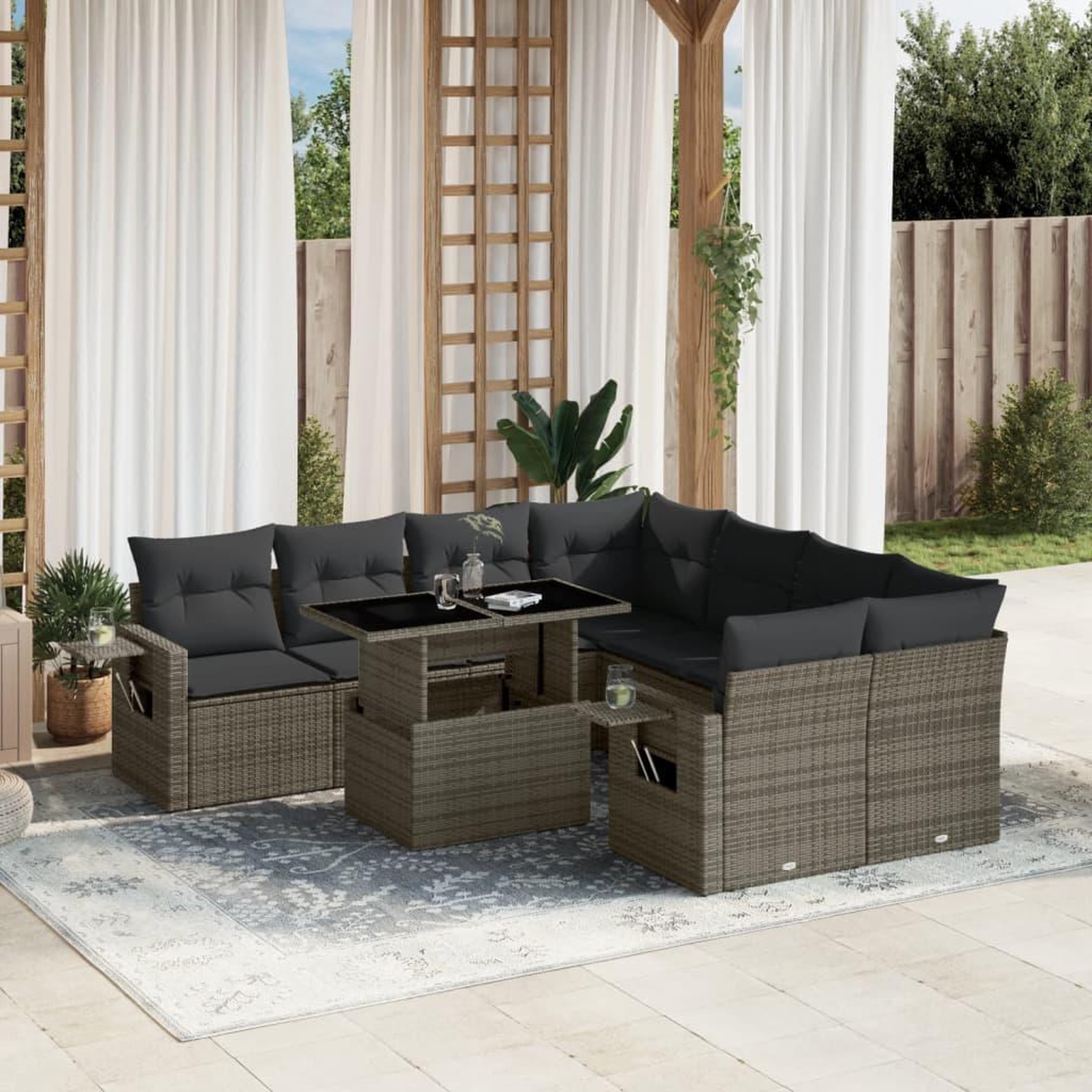 VIDAXL Salon de jardin 9 pcs avec coussins gris resine tressee