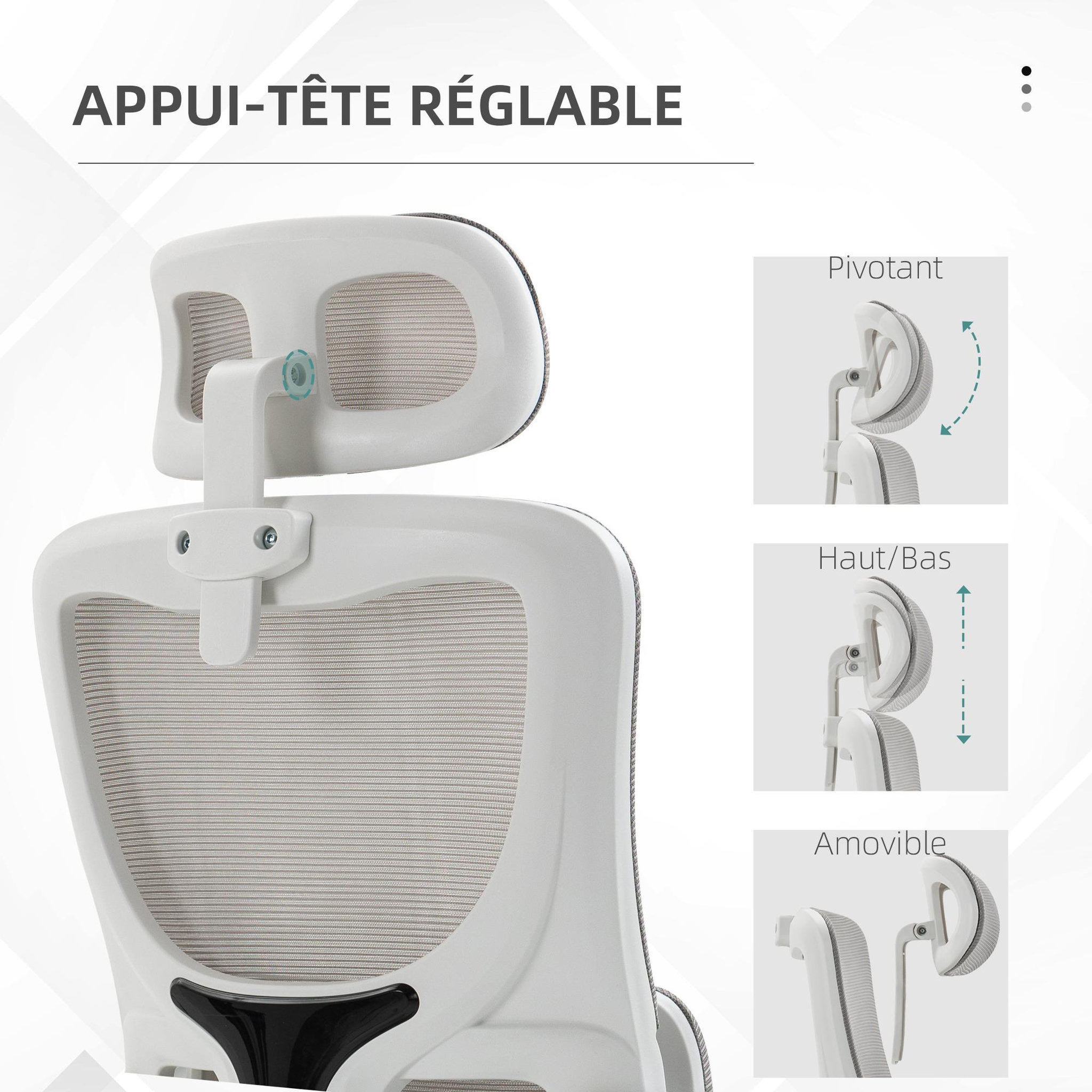 Voir la diapositive 5 : VINSETTO Fauteuil de bureau ergonomique réglable - fonction bascule, support lombaires, tétière ajustable - blanc gris